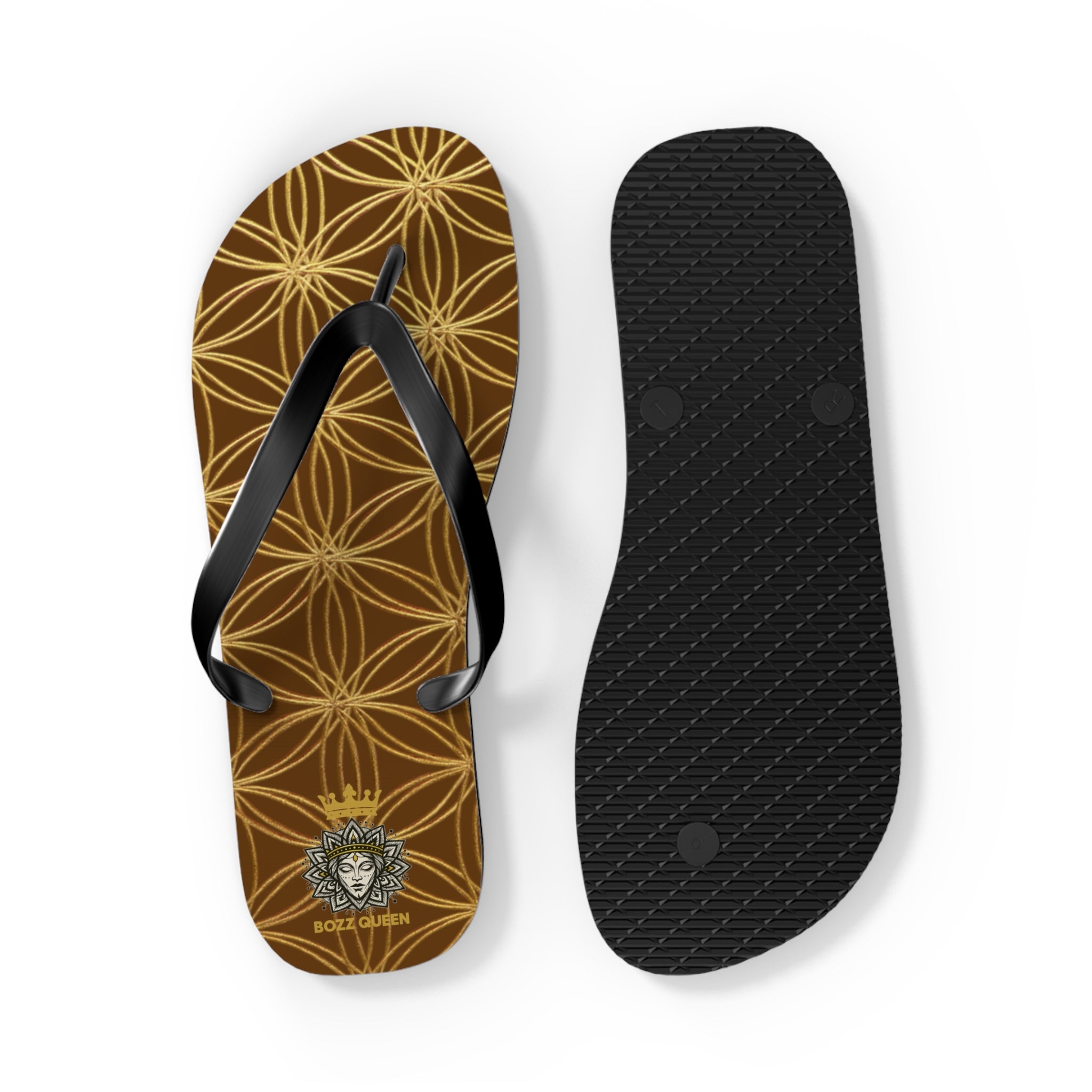 Bozz Queen Brown & Gold Flower of Life Flip Flops - Elegant Beach Sandals