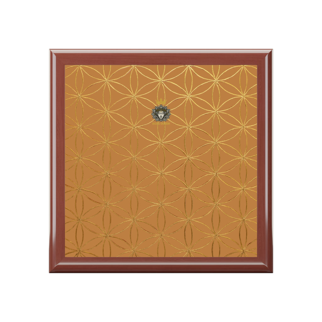 Flower of Life Jewelry Box - Light Brown & Gold Elegant Keepsake Organizer