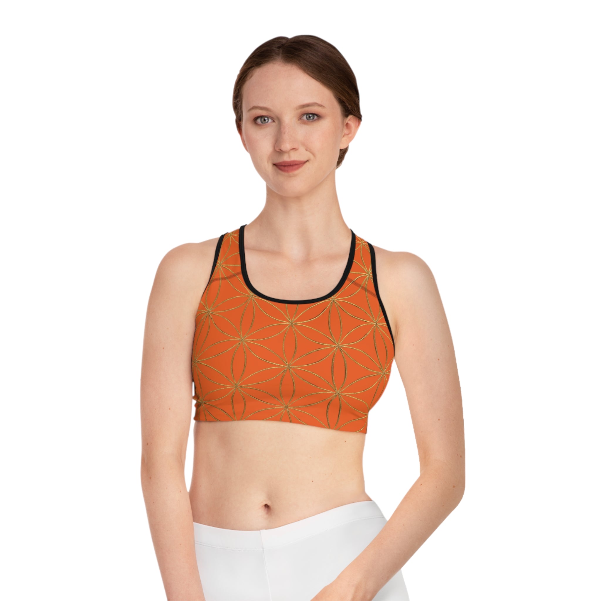 Bozz Queen Orange & Gold Flower of Life Sports Bra - Yoga Workout Top