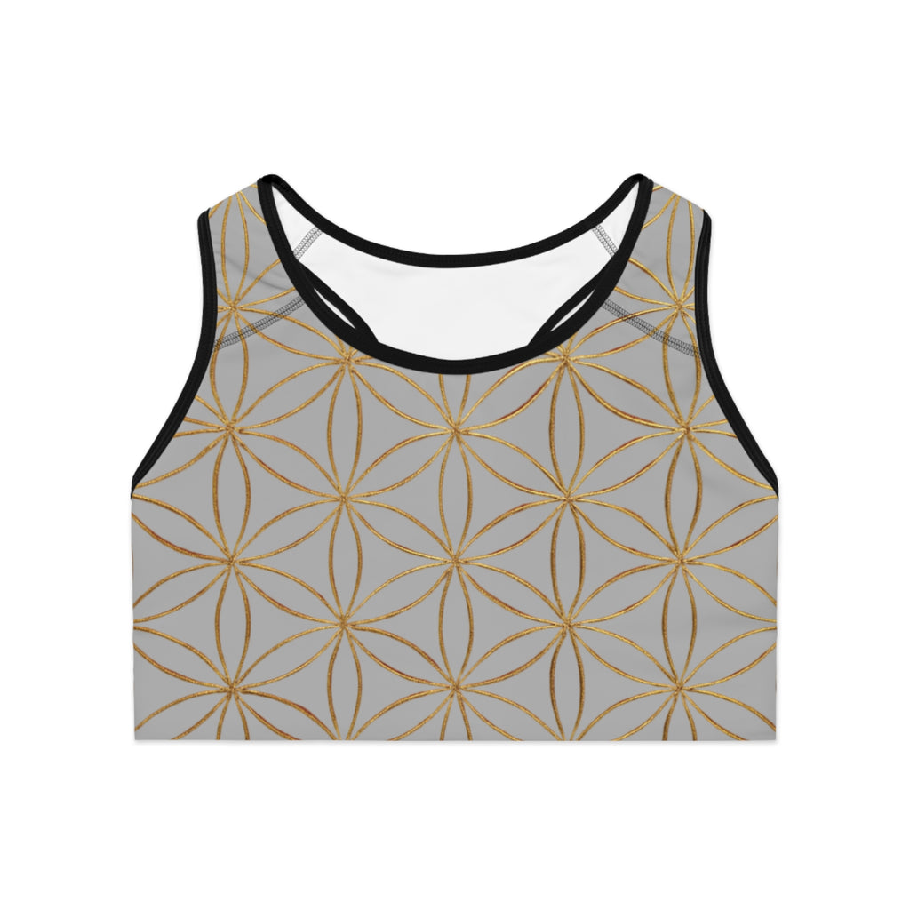 Bozz Queen Light Grey & Gold Flower of Life Sports Bra - Yoga Workout Top