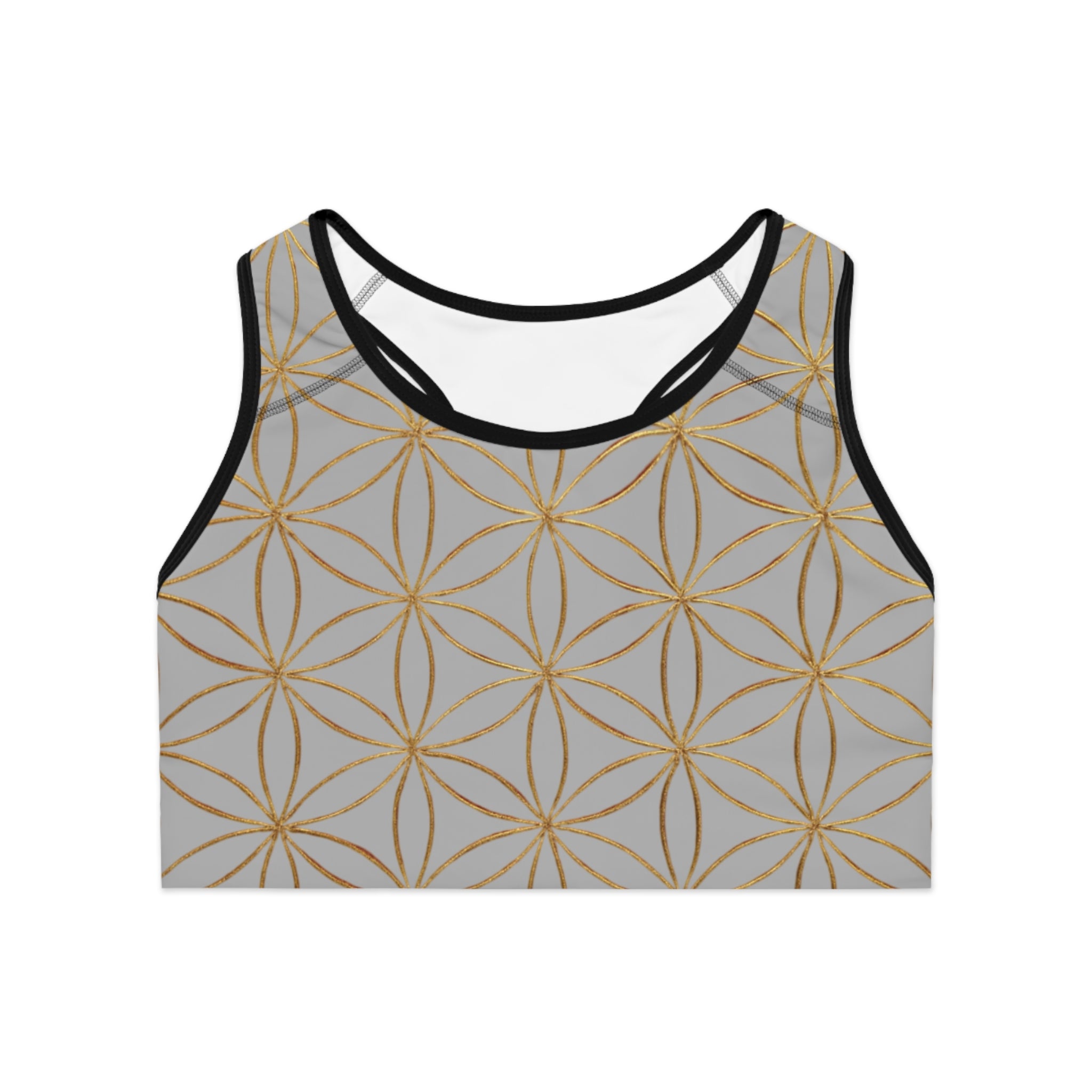 Bozz Queen Light Grey & Gold Flower of Life Sports Bra - Yoga Workout Top