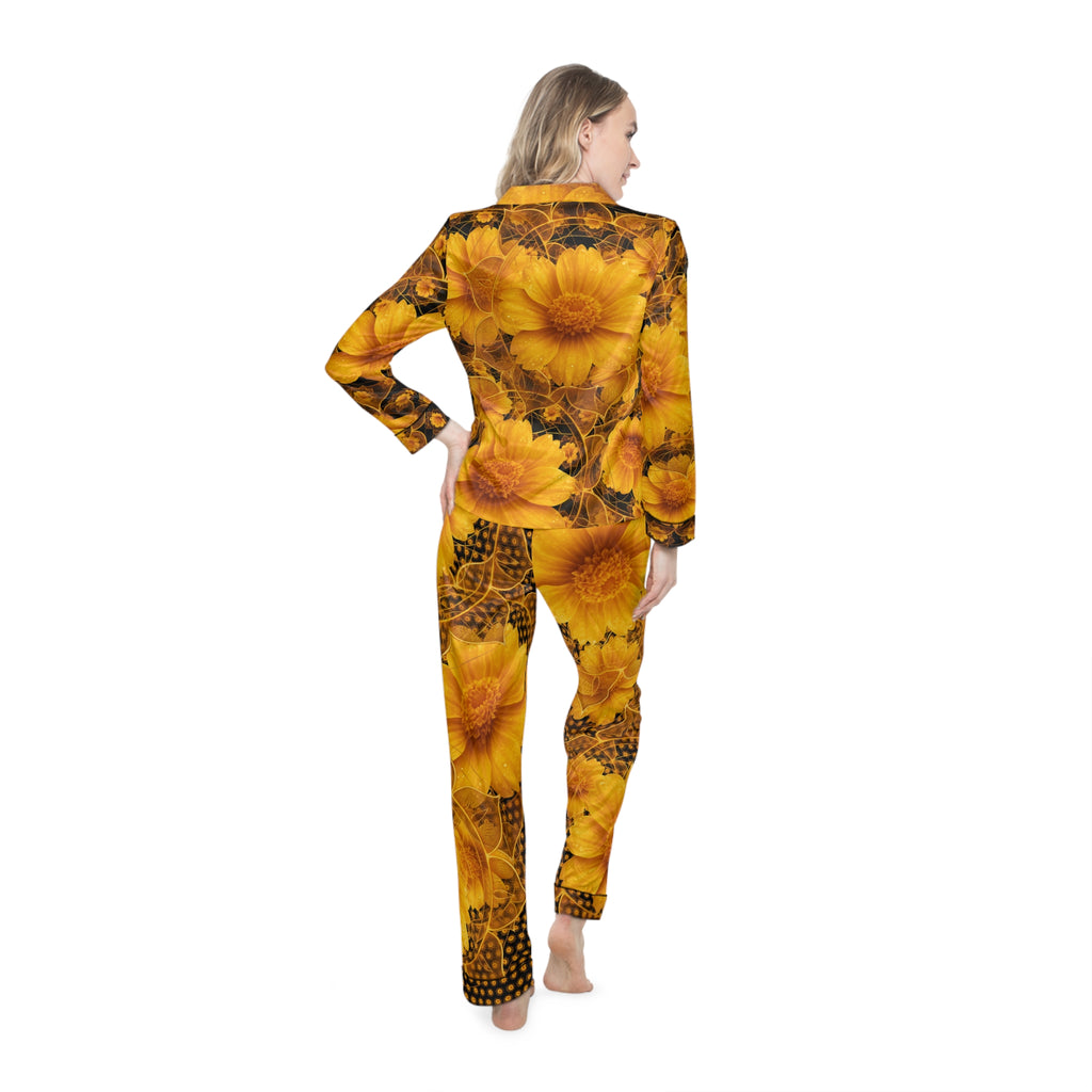 Solar Plexus Chakra Floral Satin Pajamas Set - Luxurious Women's Sleepwear