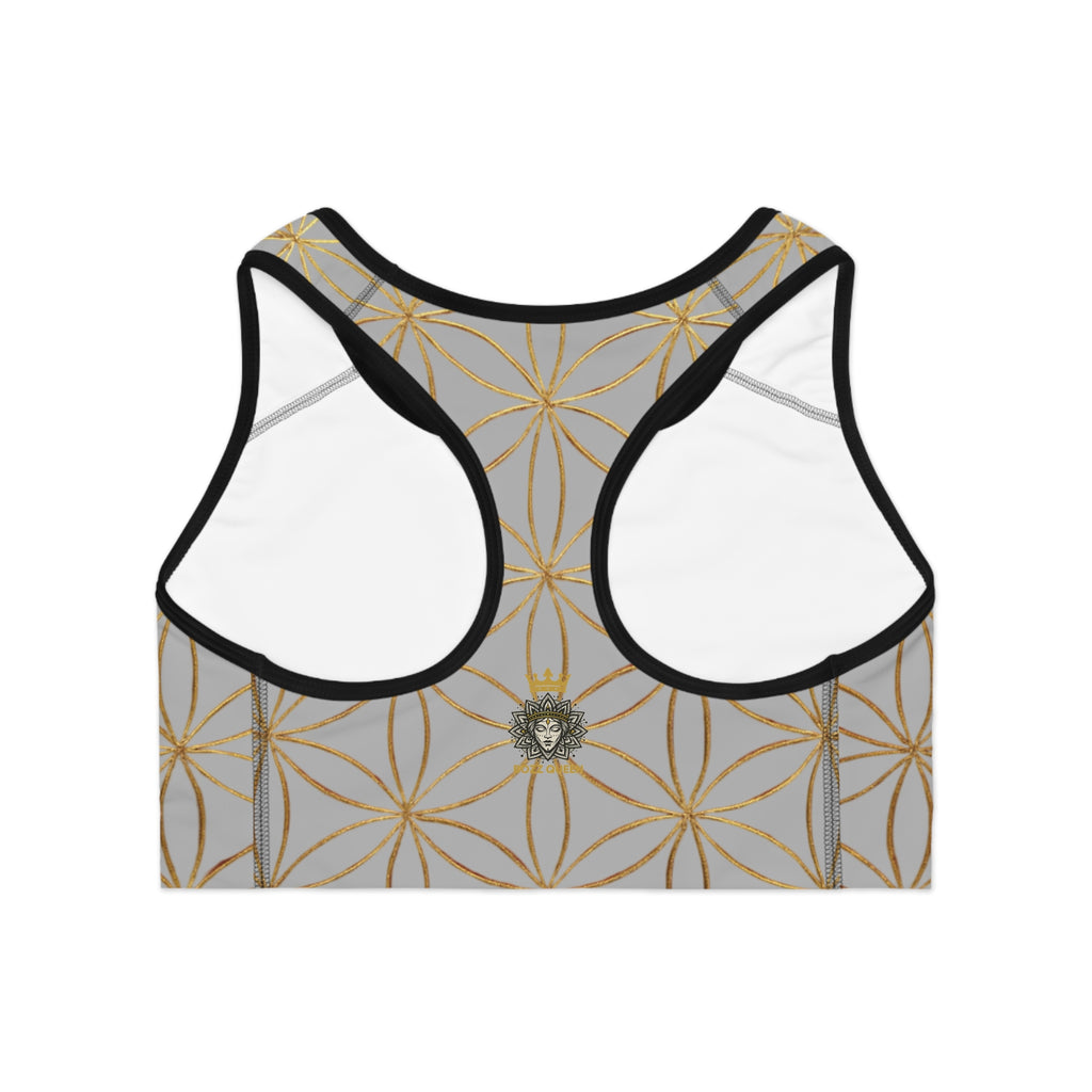 Bozz Queen Light Grey & Gold Flower of Life Sports Bra - Yoga Workout Top