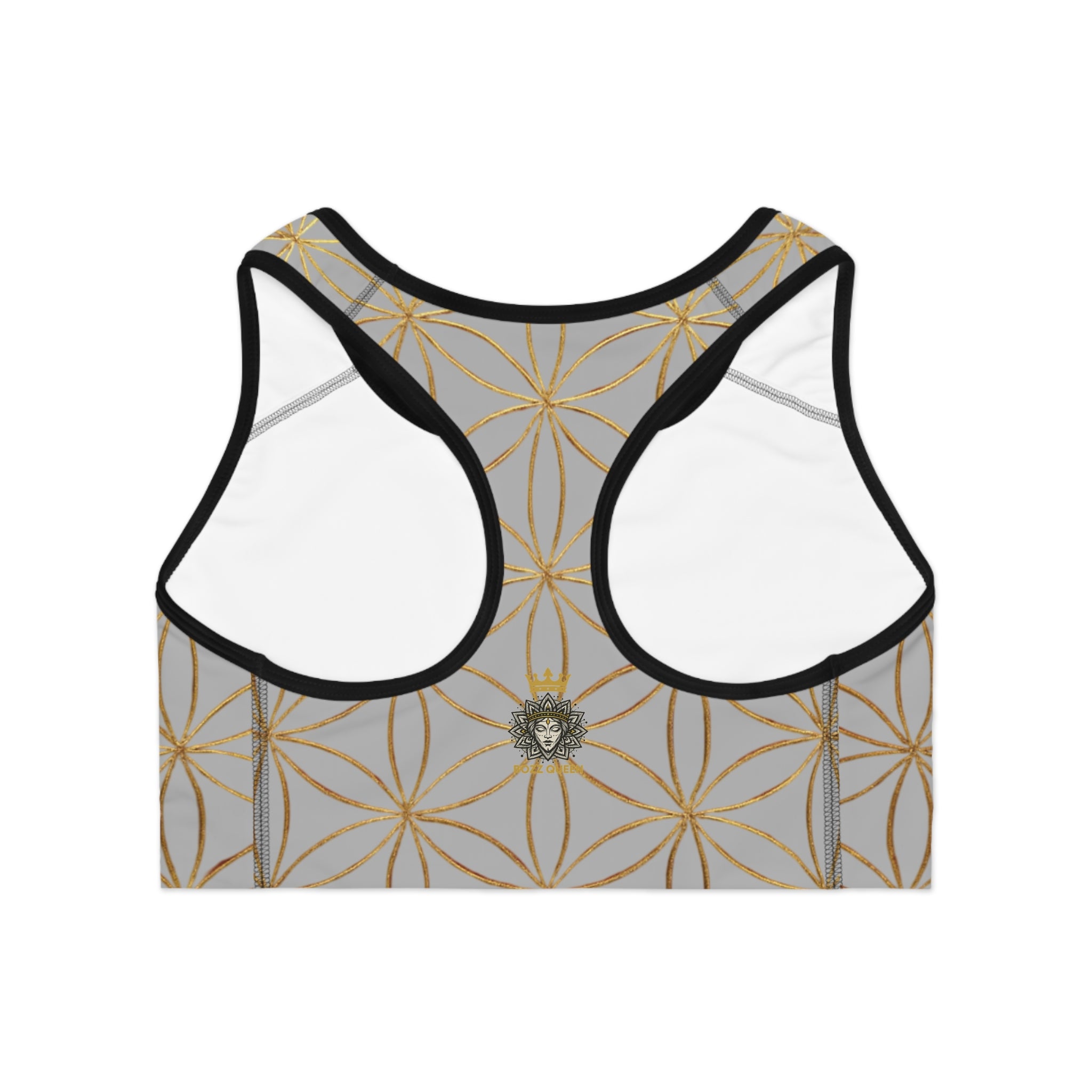 Bozz Queen Light Grey & Gold Flower of Life Sports Bra - Yoga Workout Top