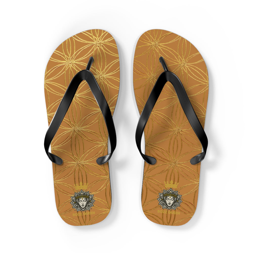 Bozz Queen Light Brown & Gold Flower of Life Flip Flops - Elegant Beach Sandals