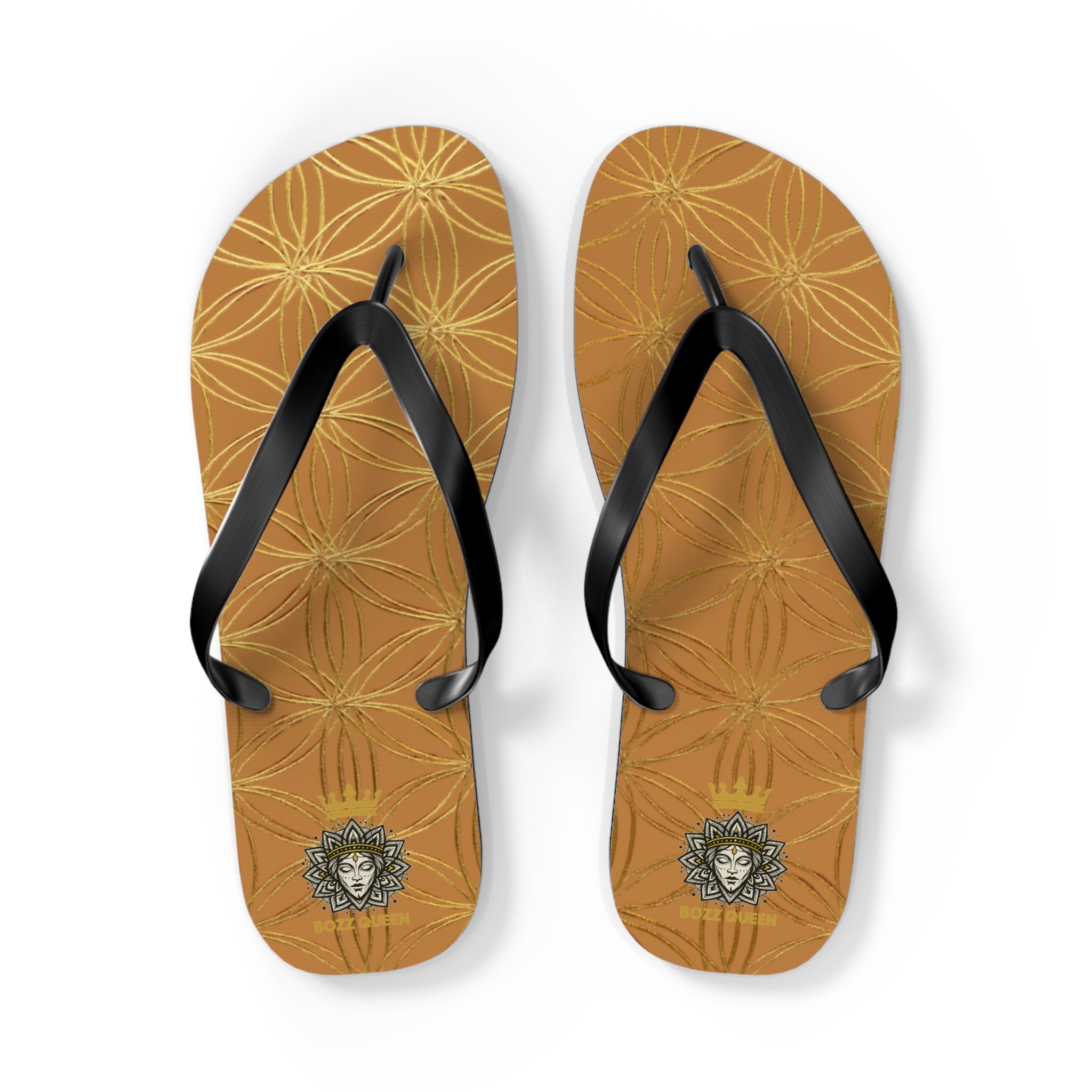 Bozz Queen Light Brown & Gold Flower of Life Flip Flops - Elegant Beach Sandals