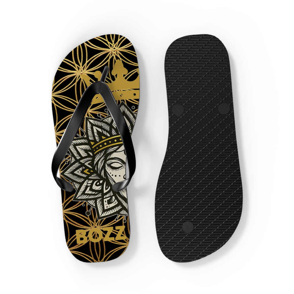 Flower of Life Flip Flops - Black & Gold Beach Sandals | Bozz Queen Lineage Collection