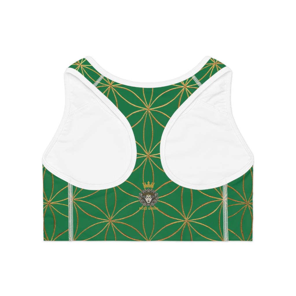 Bozz Queen Dark Green & Gold Flower of Life Sports Bra - Yoga Workout Top