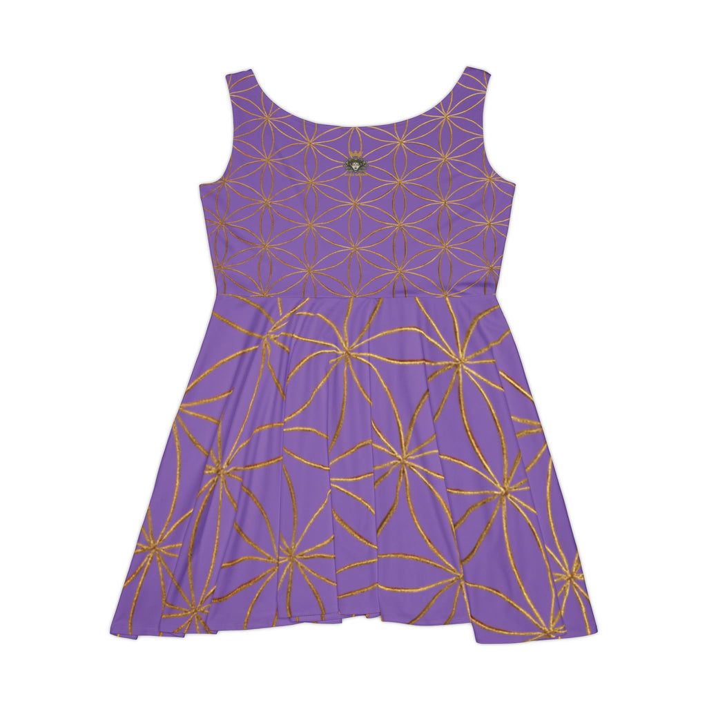 Light Purple Flower of Life Skater Dress - Women's Floral Gold Print Summer Dress