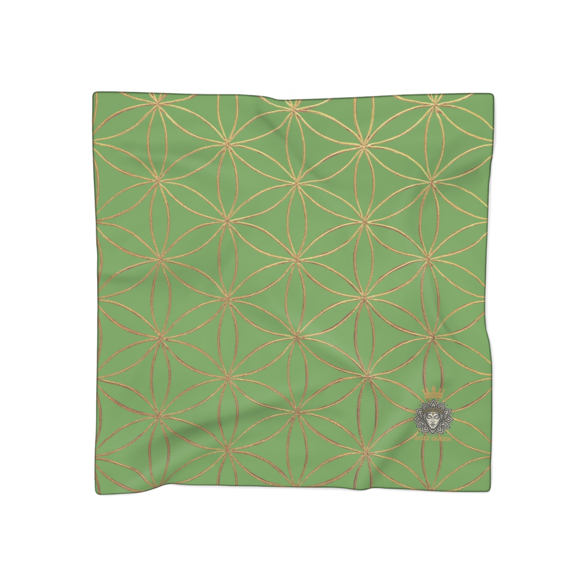 Bozz Queen Flower of Life Scarf - Green & Gold Elegant Lightweight Poly Scarf
