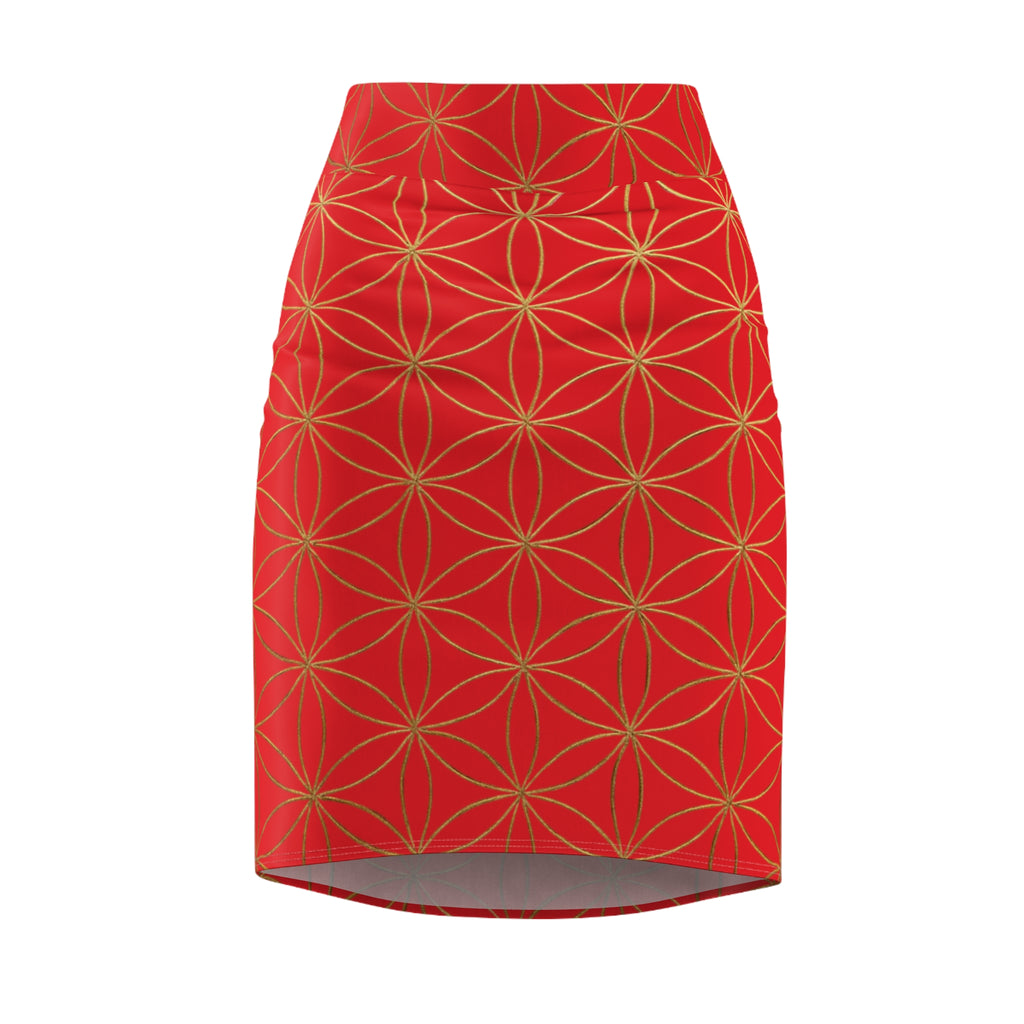 Red Flower of Life Pencil Skirt - Women's Chic Office & Date Night Skirt