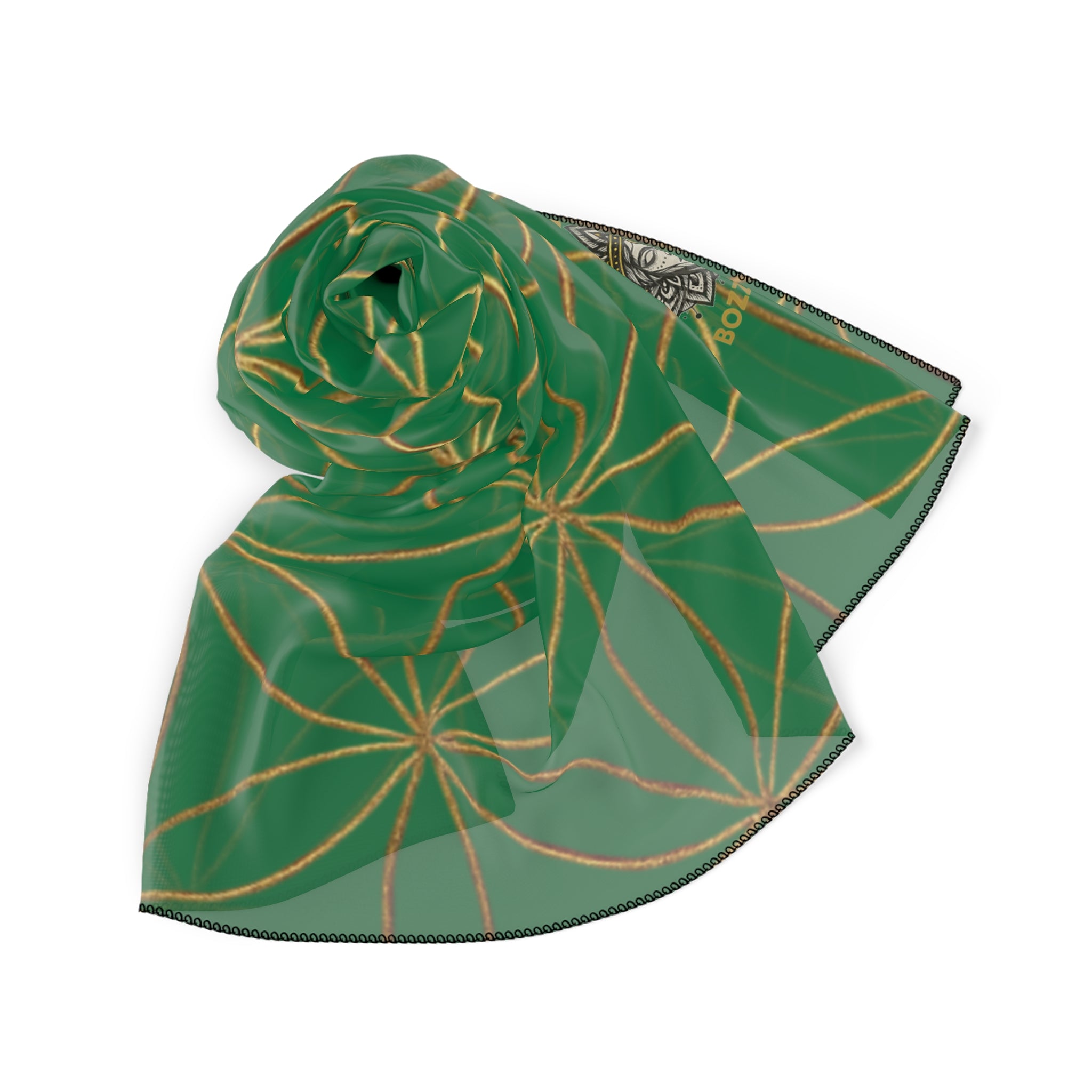 Bozz Queen Flower of Life Scarf - Dark Green & Gold Elegant Lightweight Poly Scarf