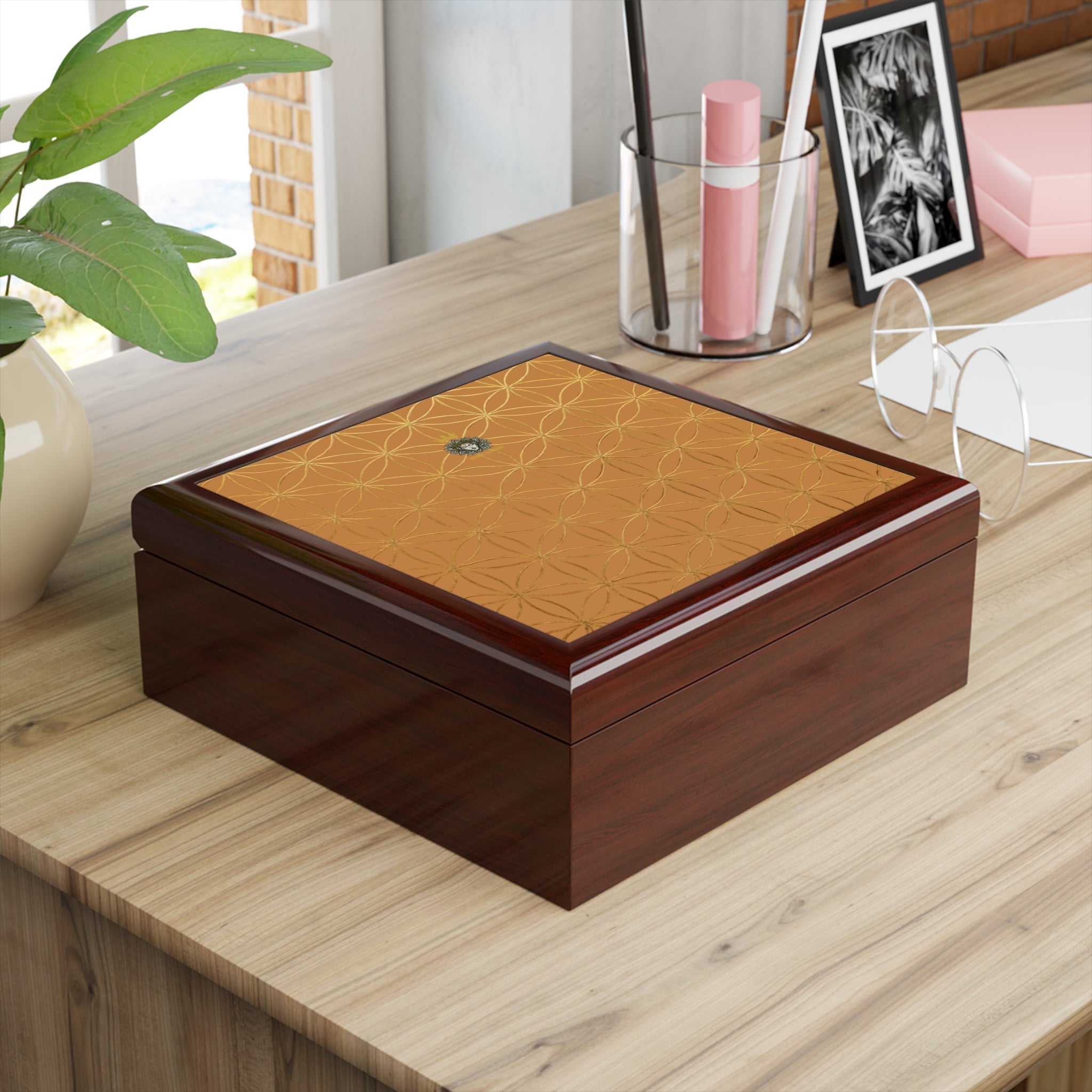 Flower of Life Jewelry Box - Light Brown & Gold Elegant Keepsake Organizer
