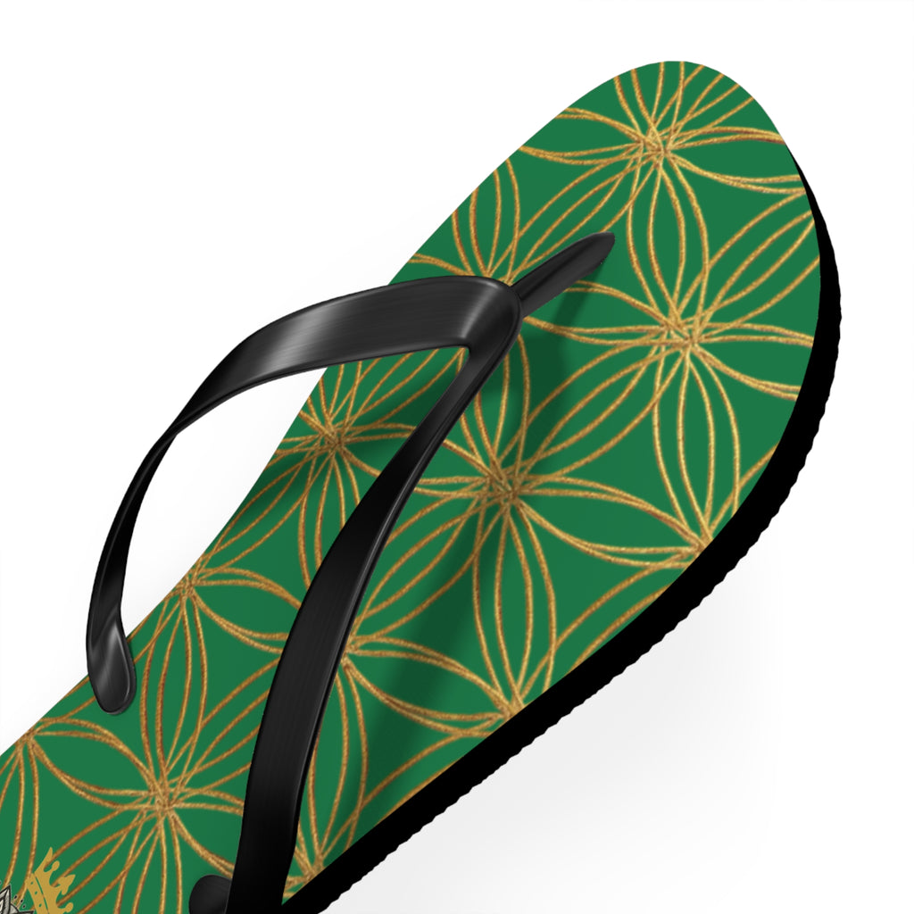 Bozz Queen Dark Green & Gold Flower of Life Flip Flops - Elegant Beach Sandals