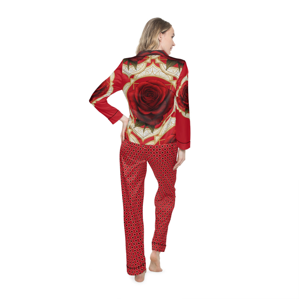 Root Chakra Rose Print Satin Pajamas Set - Luxurious Women's Sleepwear Gift