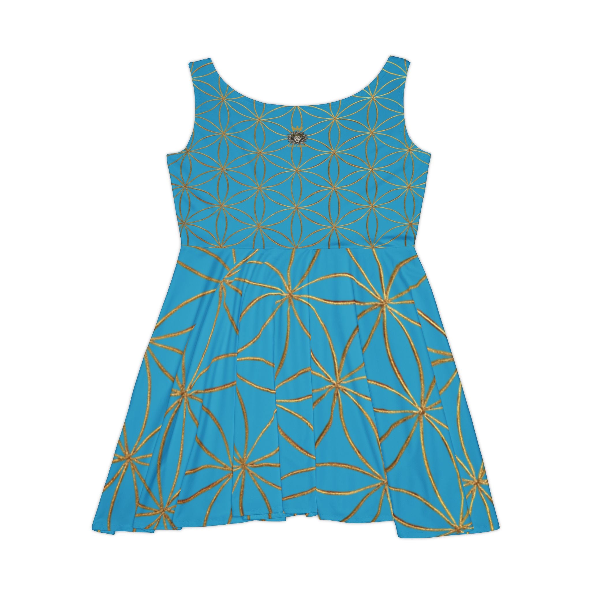 Turquoise Flower of Life Skater Dress - Women's Floral Gold Print Summer Dress