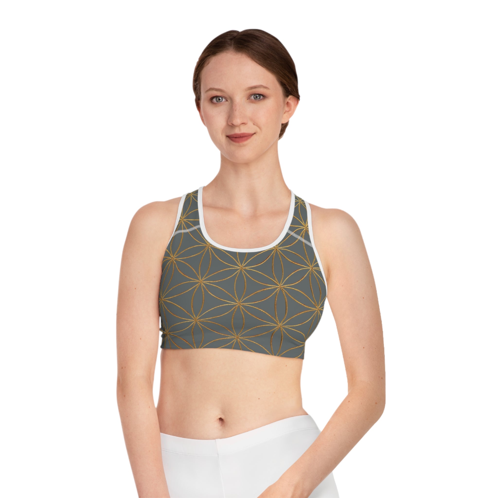 Bozz Queen Dark Grey & Gold Flower of Life Sports Bra - Yoga Workout Top