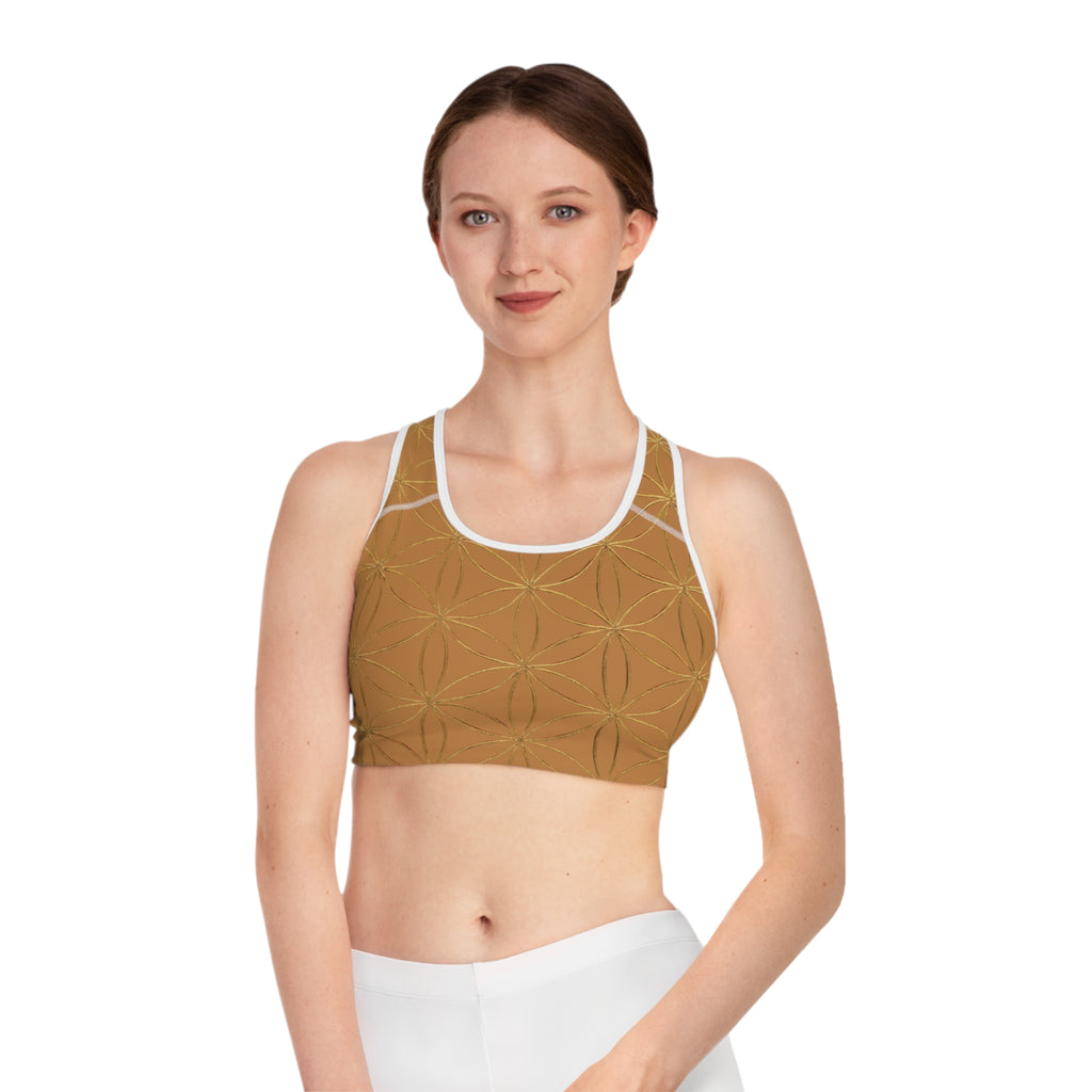 Bozz Queen Light Brown & Gold Flower of Life Sports Bra - Yoga Workout Top