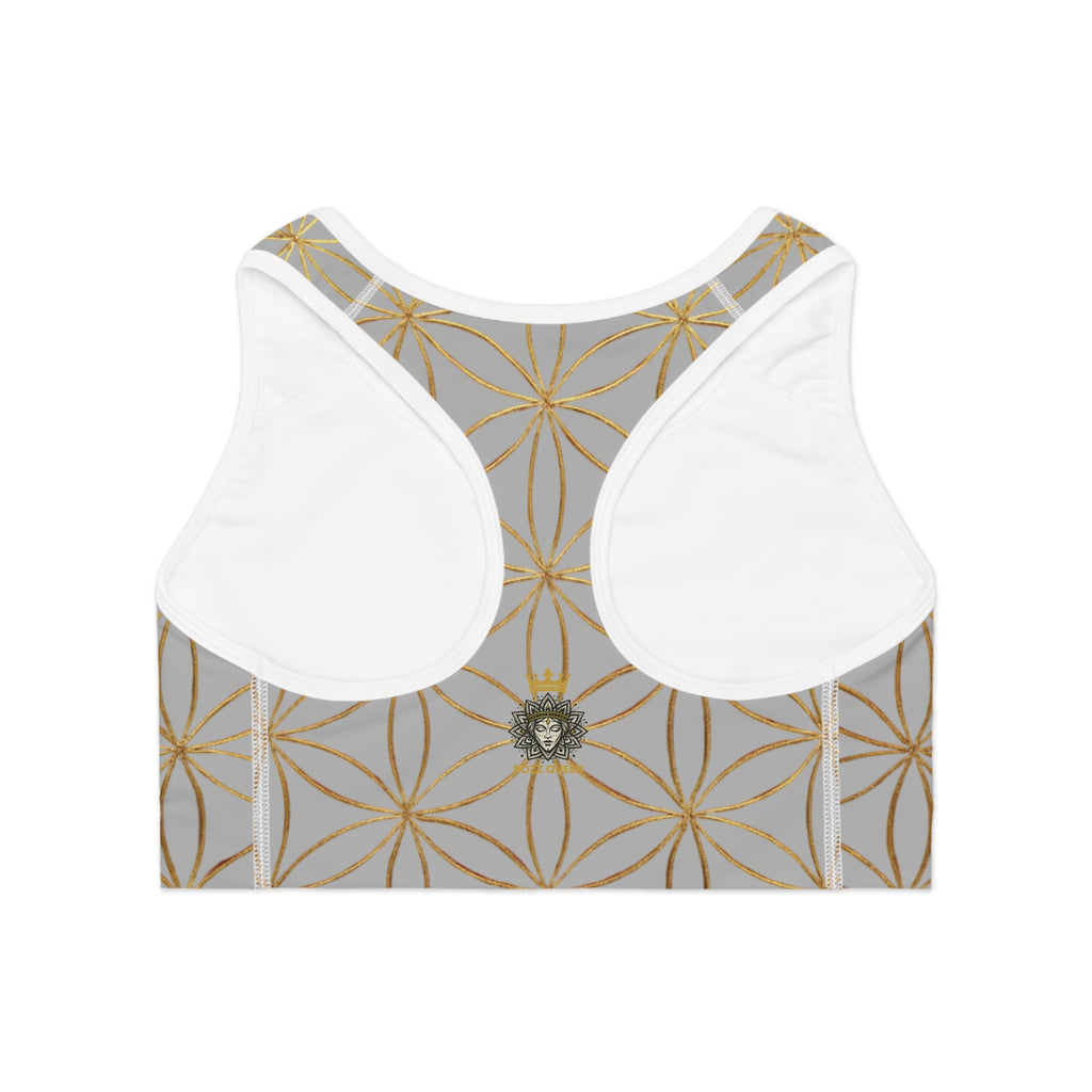 Bozz Queen Light Grey & Gold Flower of Life Sports Bra - Yoga Workout Top