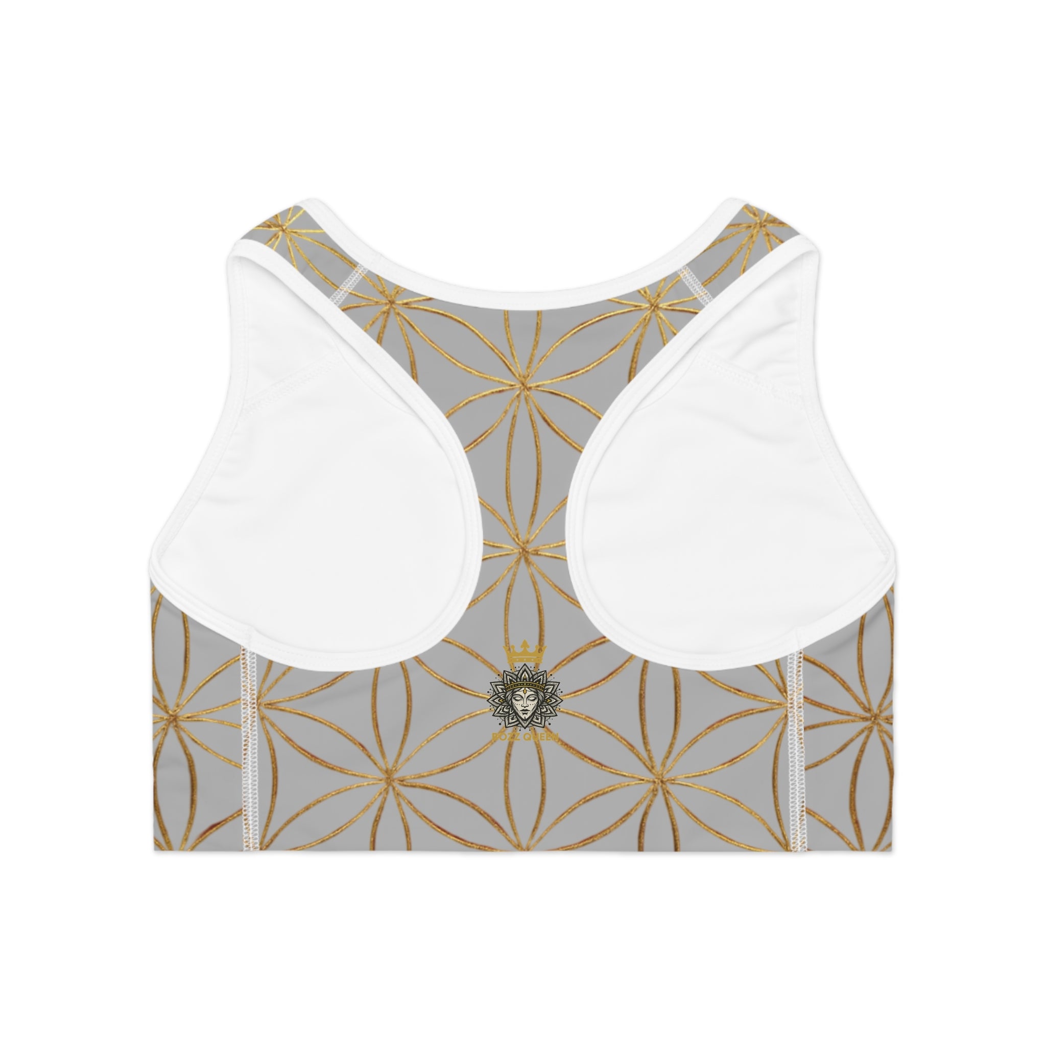 Bozz Queen Light Grey & Gold Flower of Life Sports Bra - Yoga Workout Top