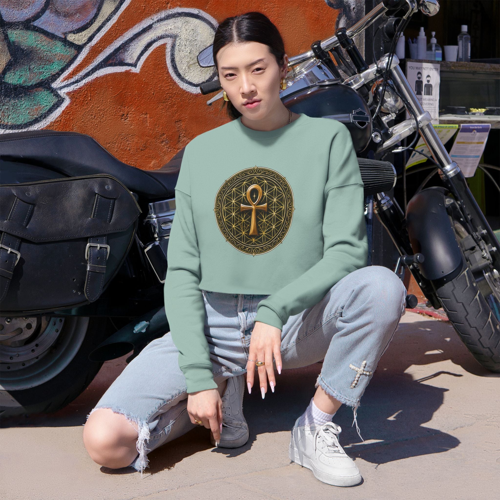 Women's Ankh & Flower of Life Cropped Sweatshirt - Sacred Geometry