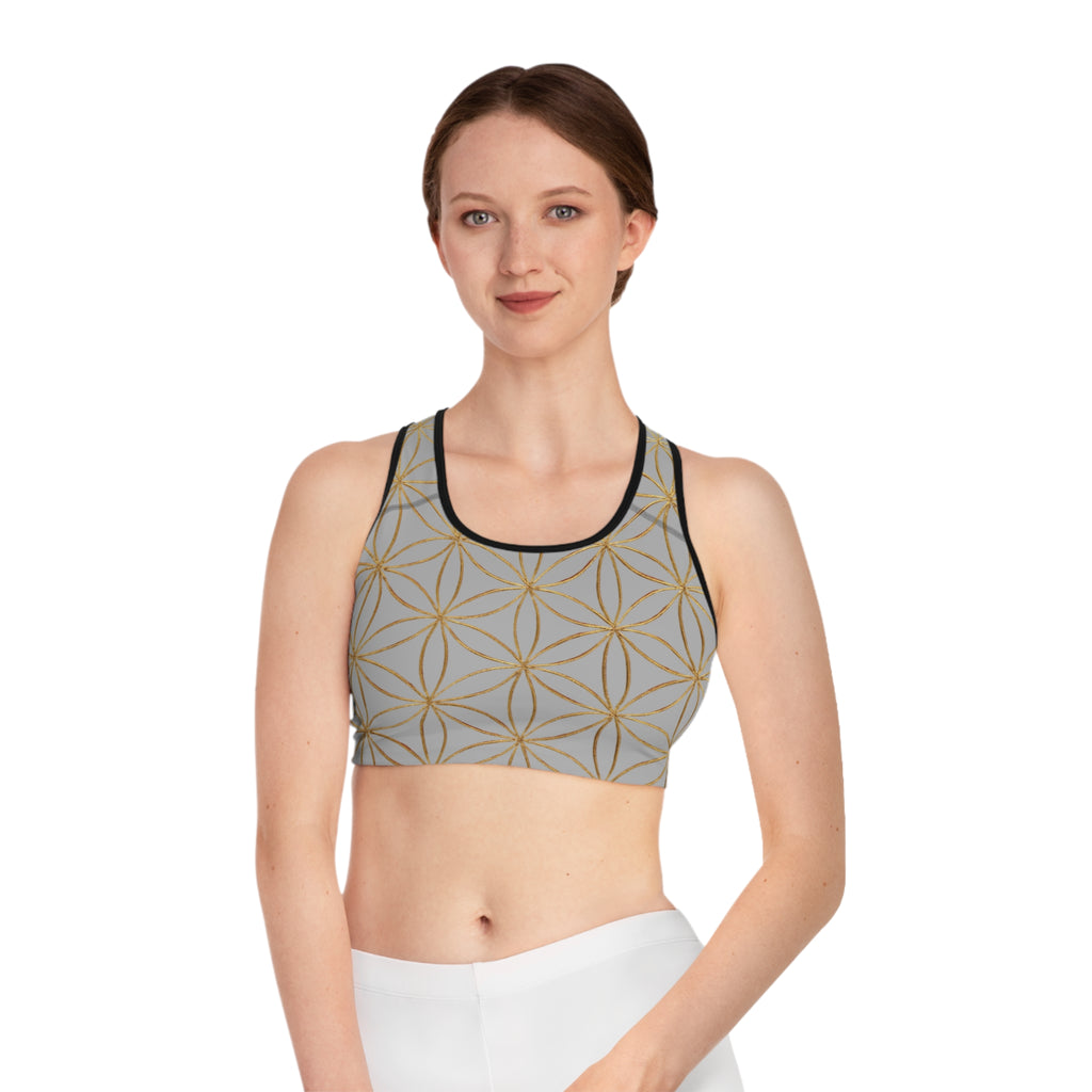 Bozz Queen Light Grey & Gold Flower of Life Sports Bra - Yoga Workout Top