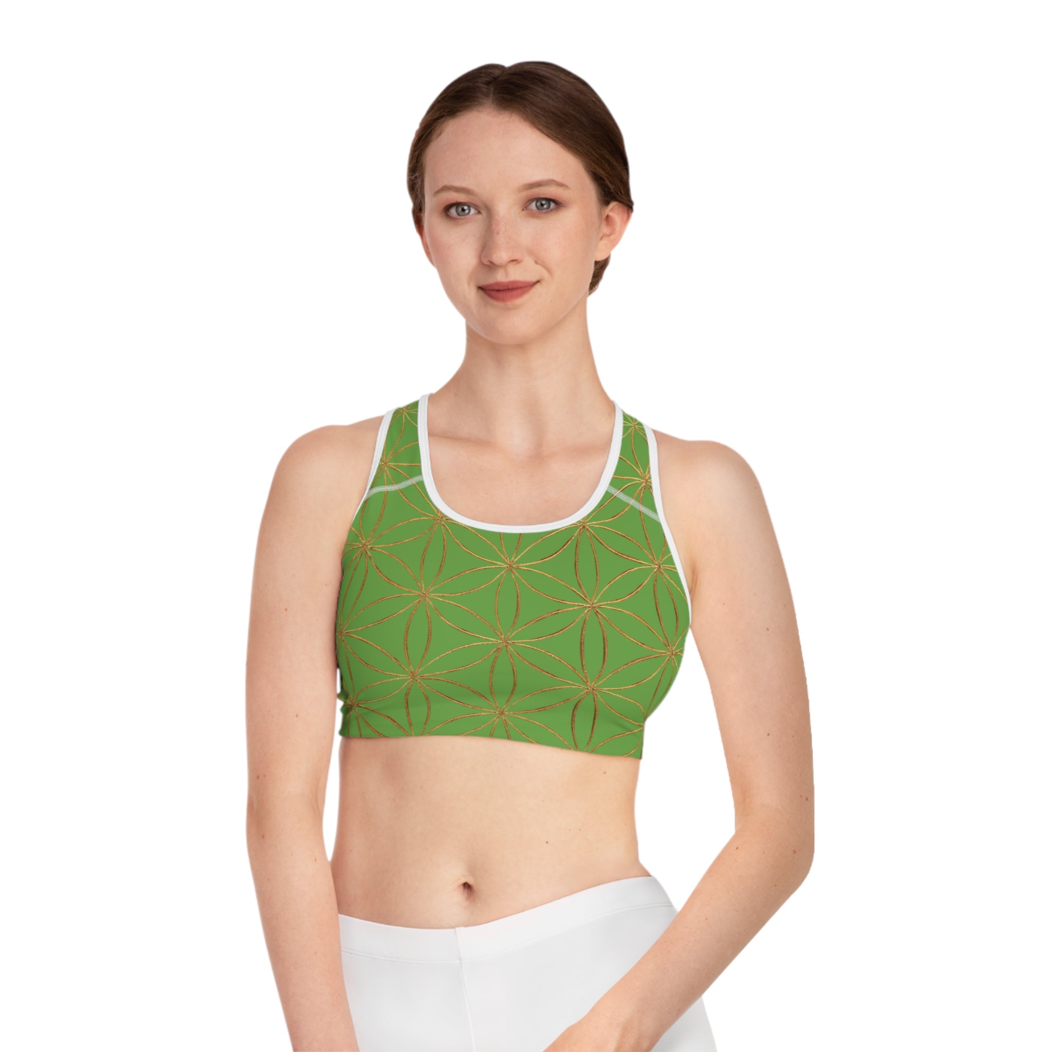 Bozz Queen Green & Gold Flower of Life Sports Bra - Yoga Workout Top