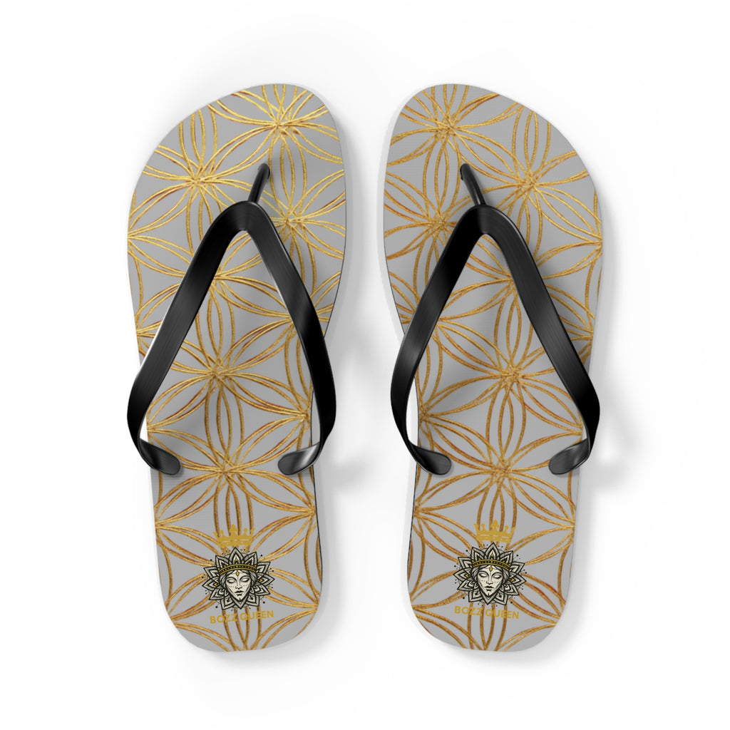 Bozz Queen Light Grey & Gold Flower of Life Flip Flops - Elegant Beach Sandals