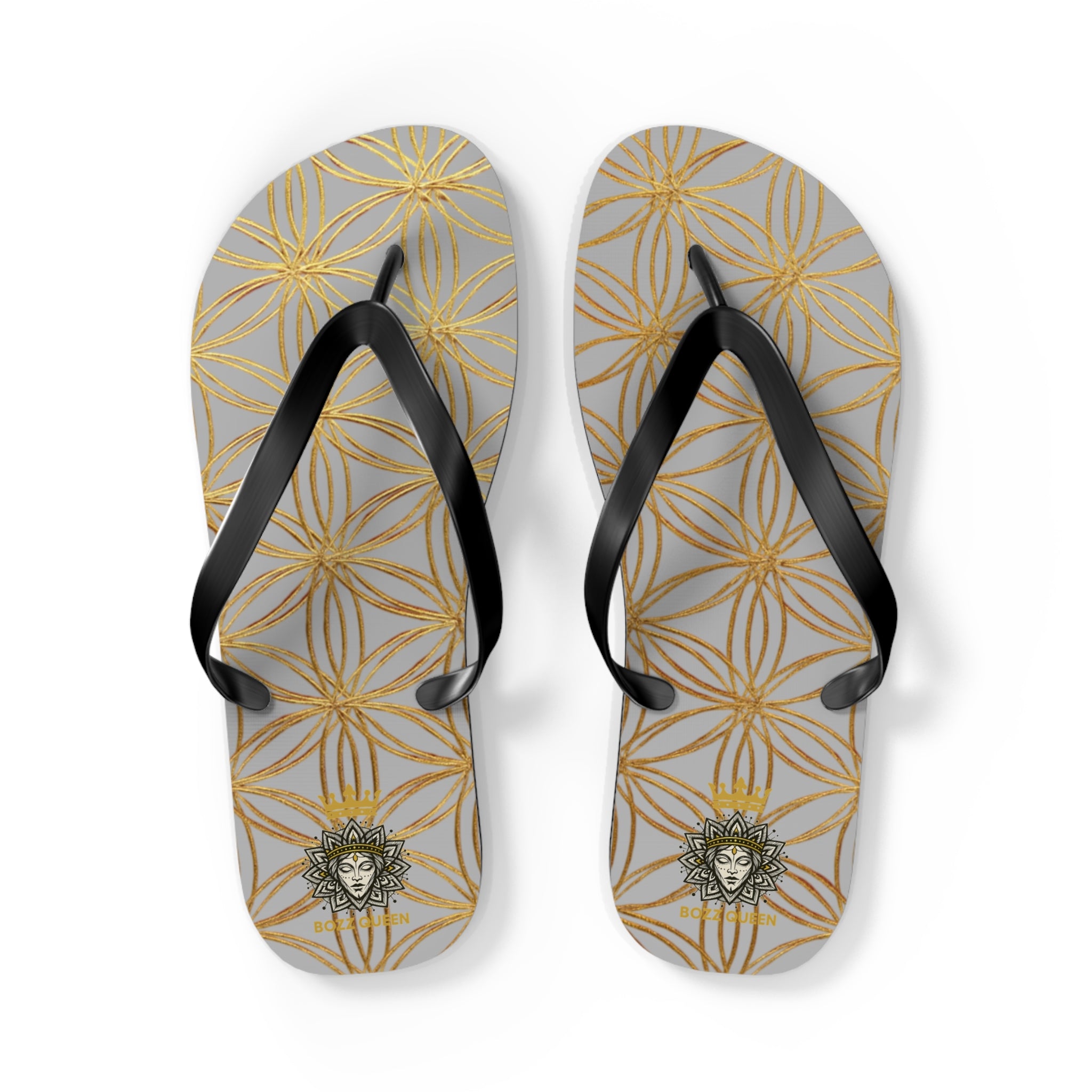 Bozz Queen Light Grey & Gold Flower of Life Flip Flops - Elegant Beach Sandals