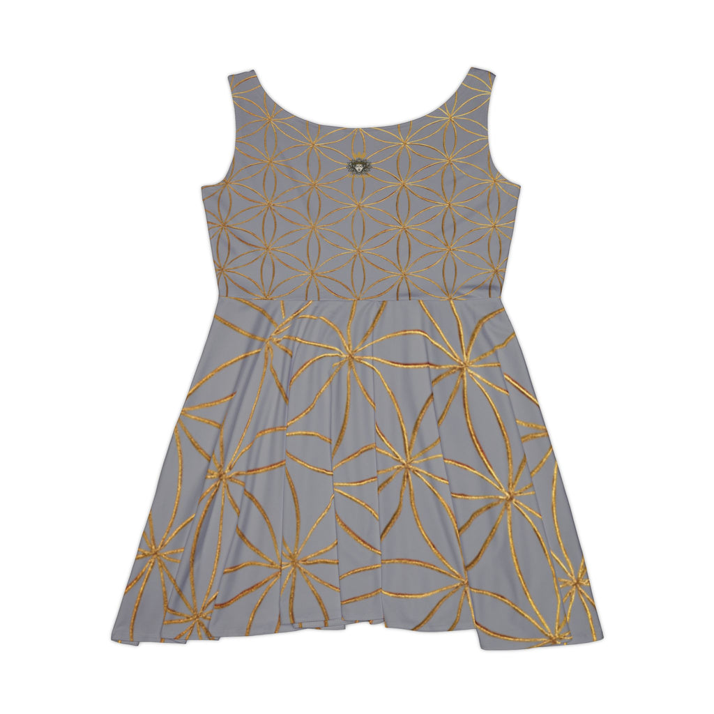 Grey Flower of Life Skater Dress - Women's Floral Gold Print Summer Dress