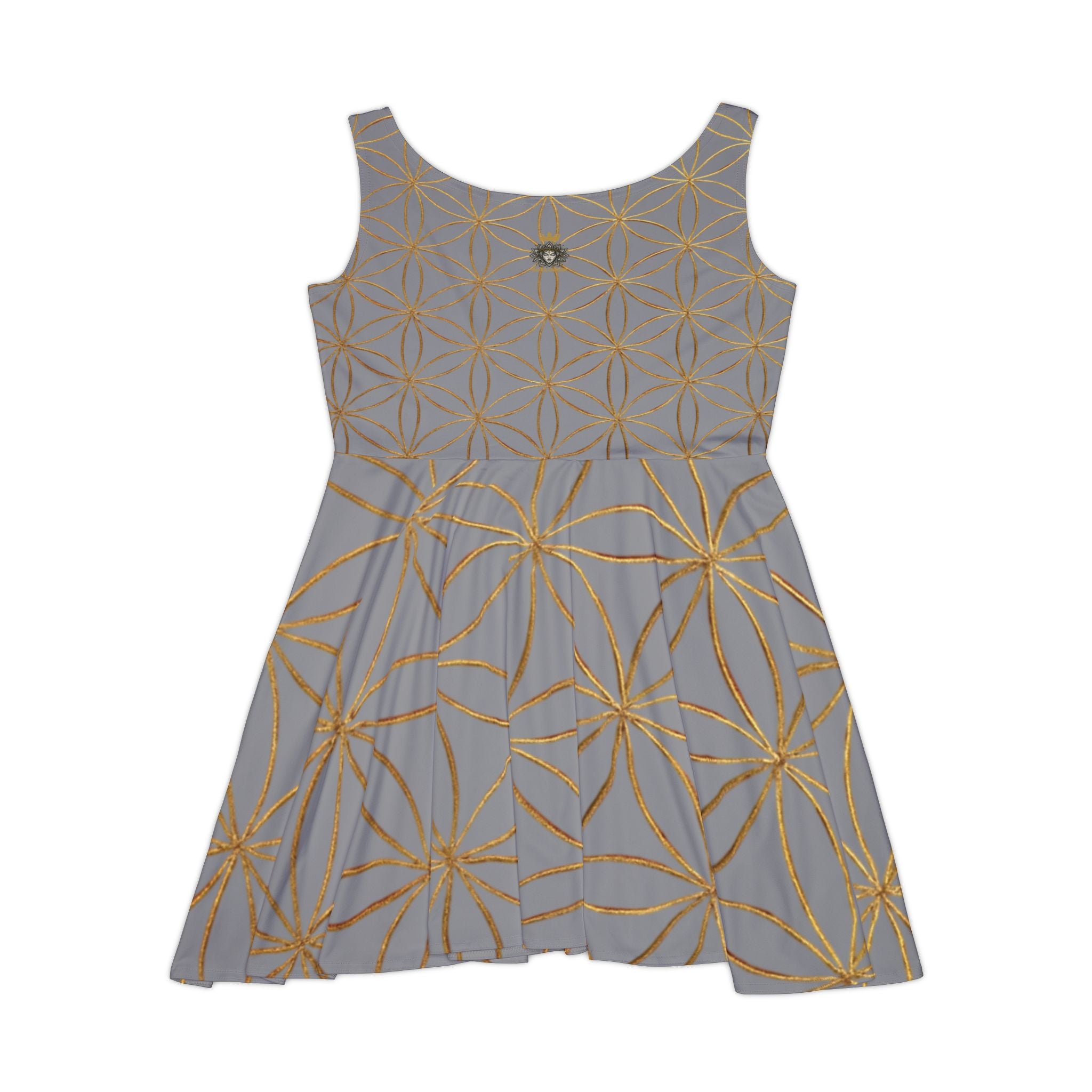 Grey Flower of Life Skater Dress - Women's Floral Gold Print Summer Dress