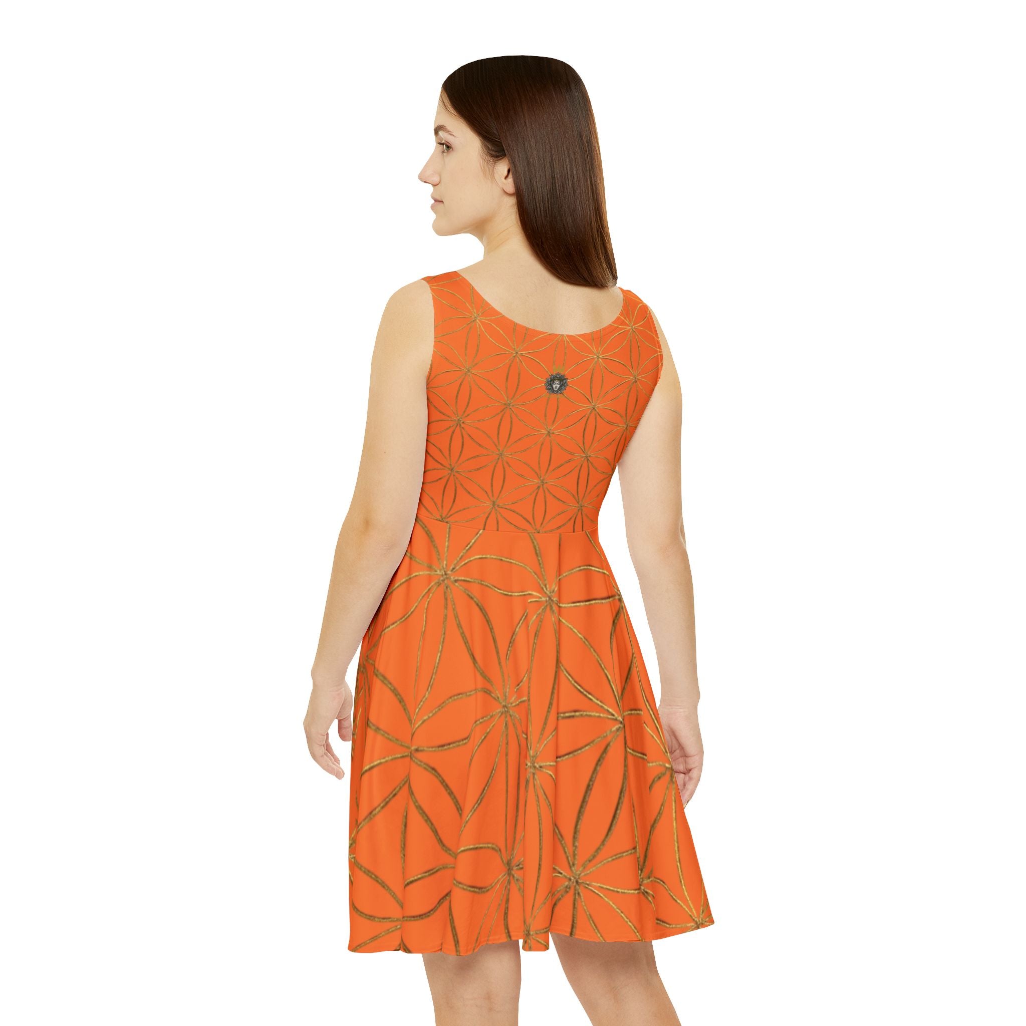 Light Orange Flower of Life Skater Dress - Women's Floral Gold Print Summer Dress