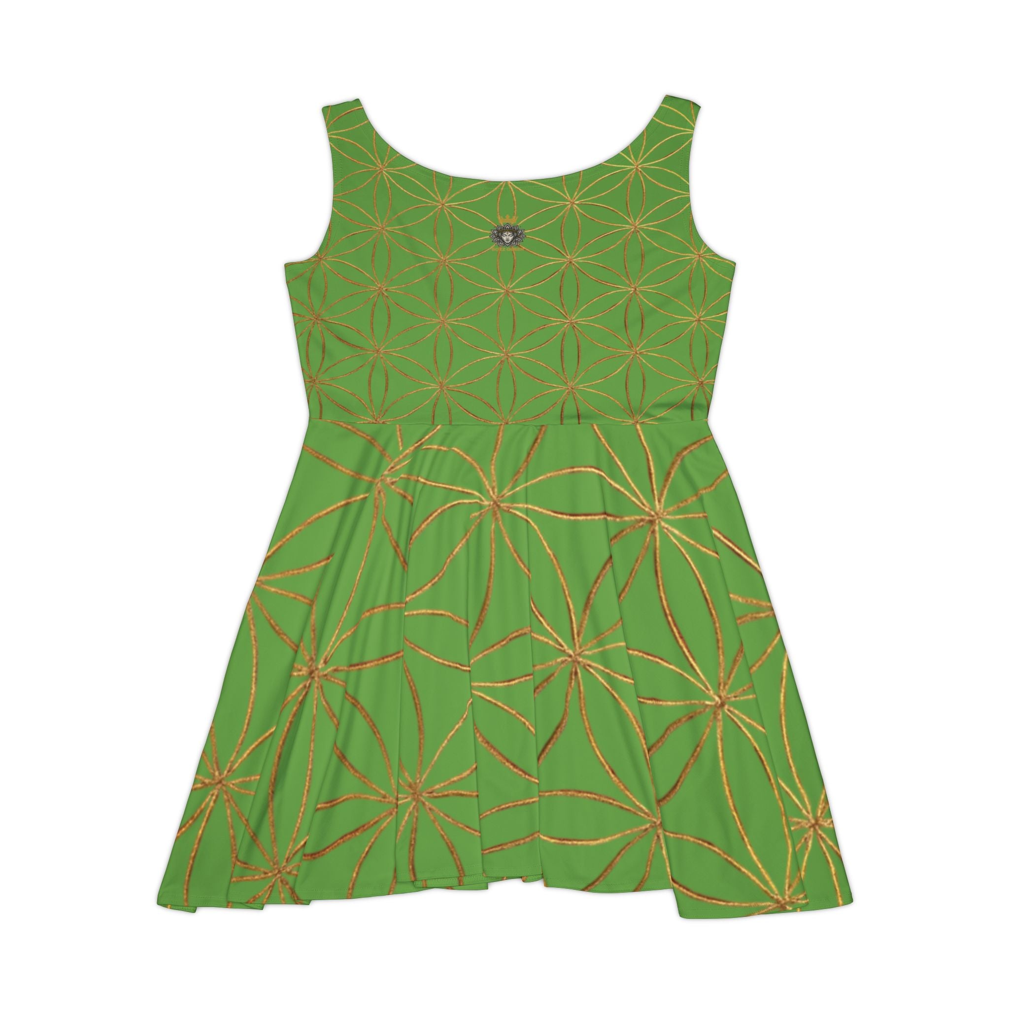 Green Flower of Life Skater Dress - Women's Floral Gold Print Summer Dress