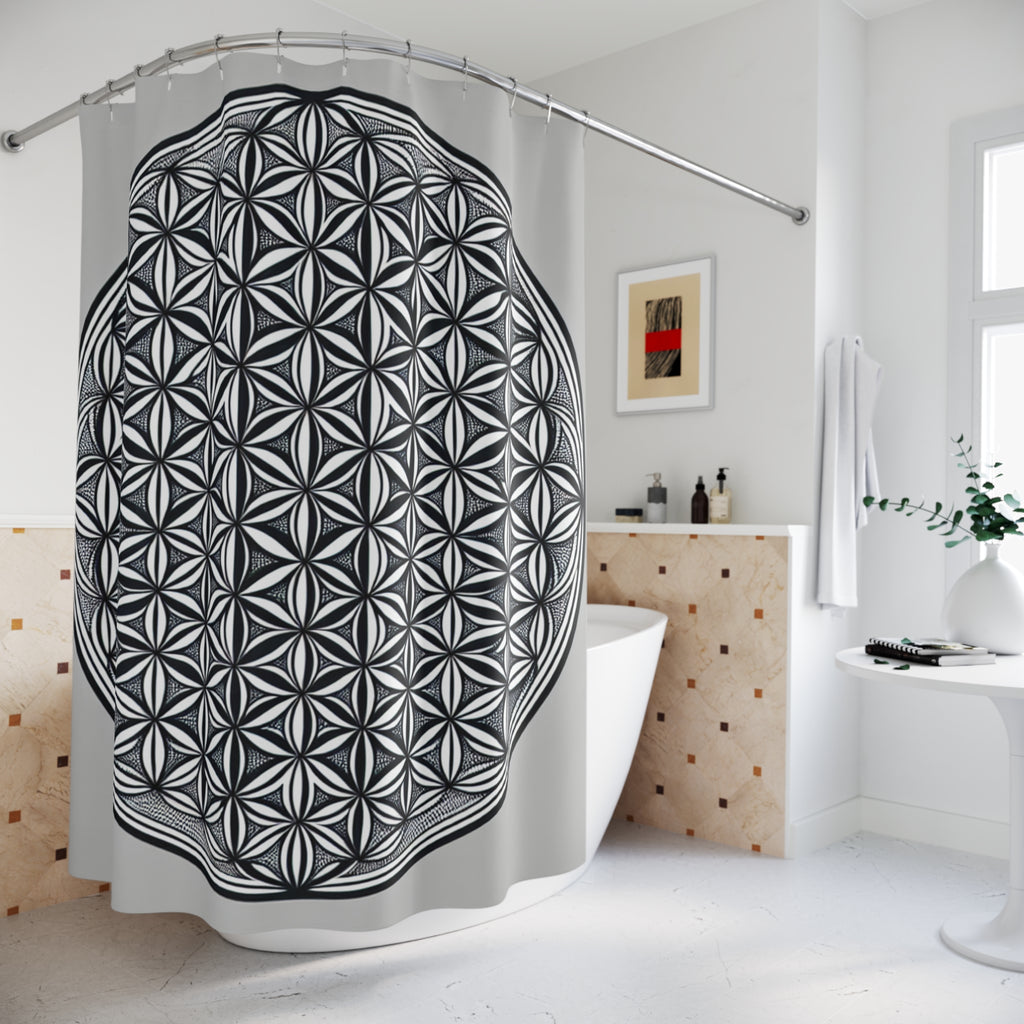Bozz Queen Elegant Flower of Life Shower Curtain - Sacred Geometry Modern Bathroom Decor, Black & White Design