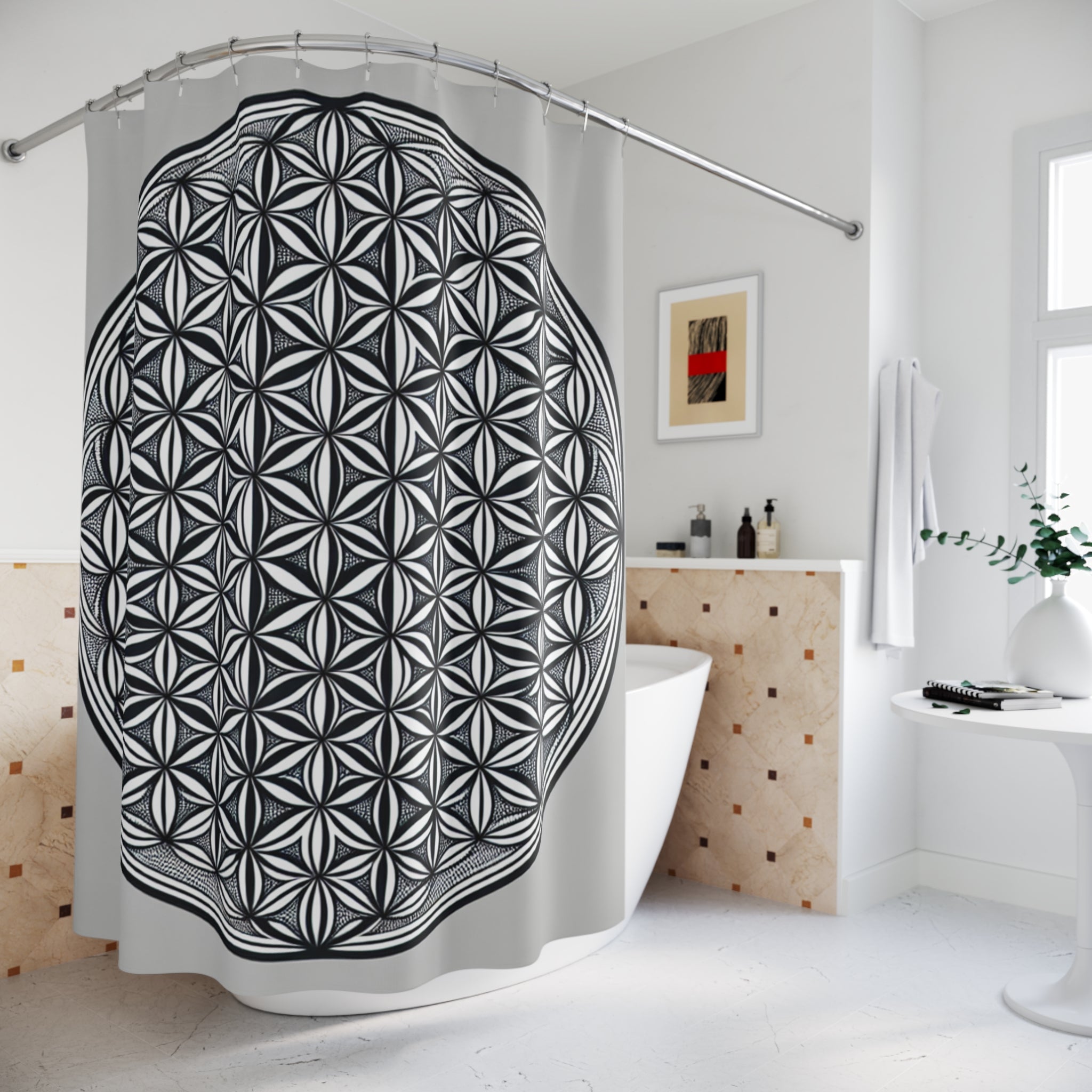 Bozz Queen Elegant Flower of Life Shower Curtain - Sacred Geometry Modern Bathroom Decor, Black & White Design