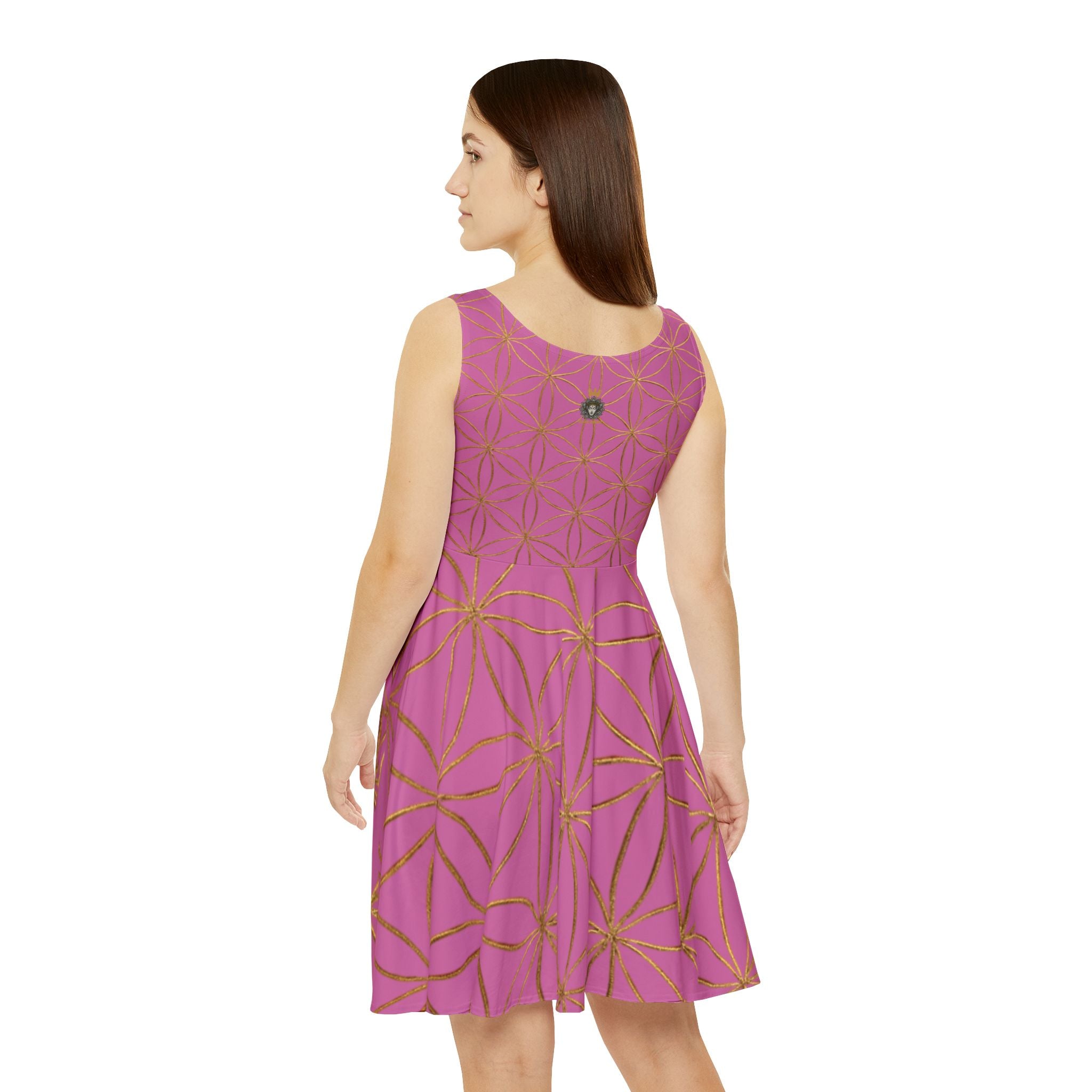 Light Pink Flower of Life Skater Dress - Women's Floral Gold Print Summer Dress