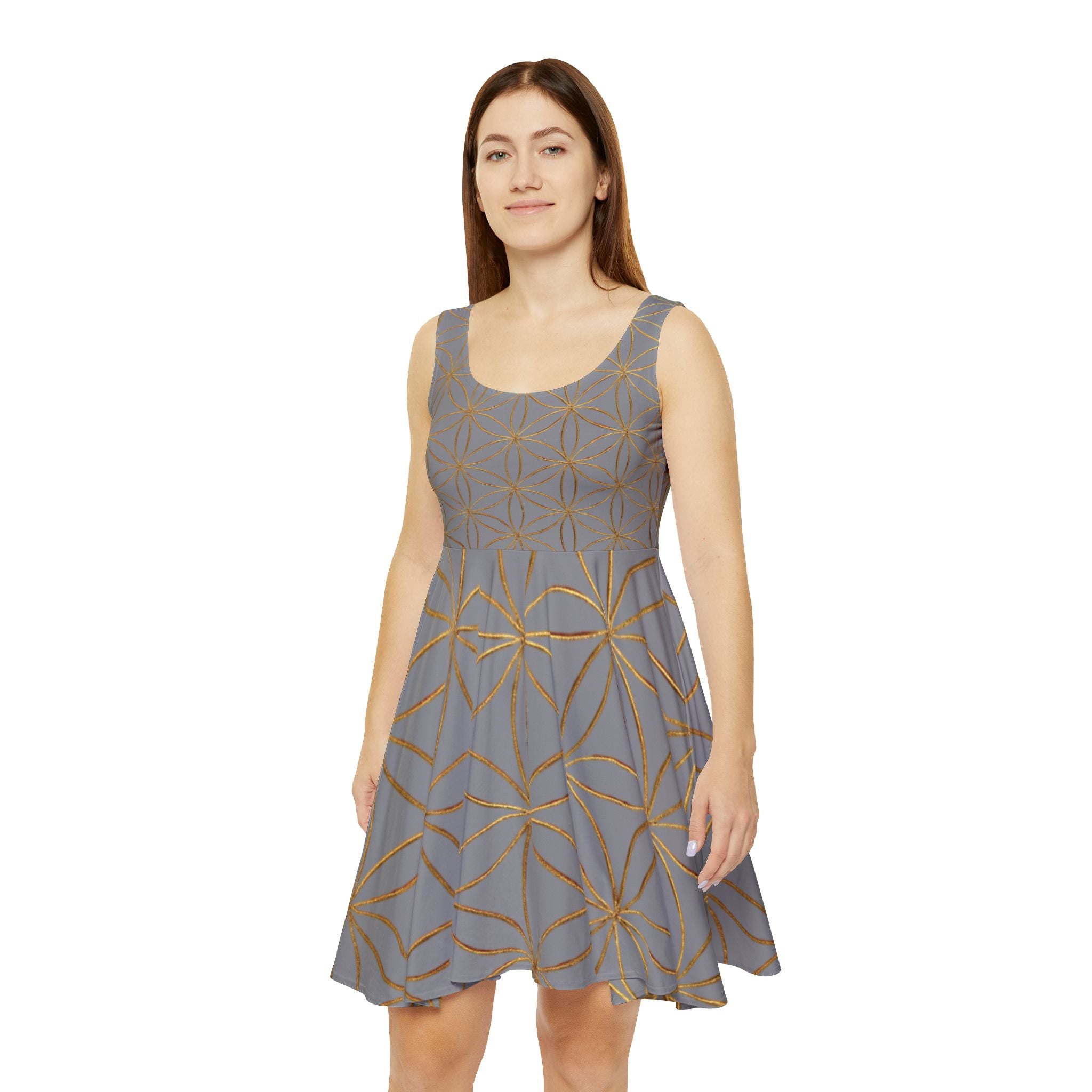Grey Flower of Life Skater Dress - Women's Floral Gold Print Summer Dress