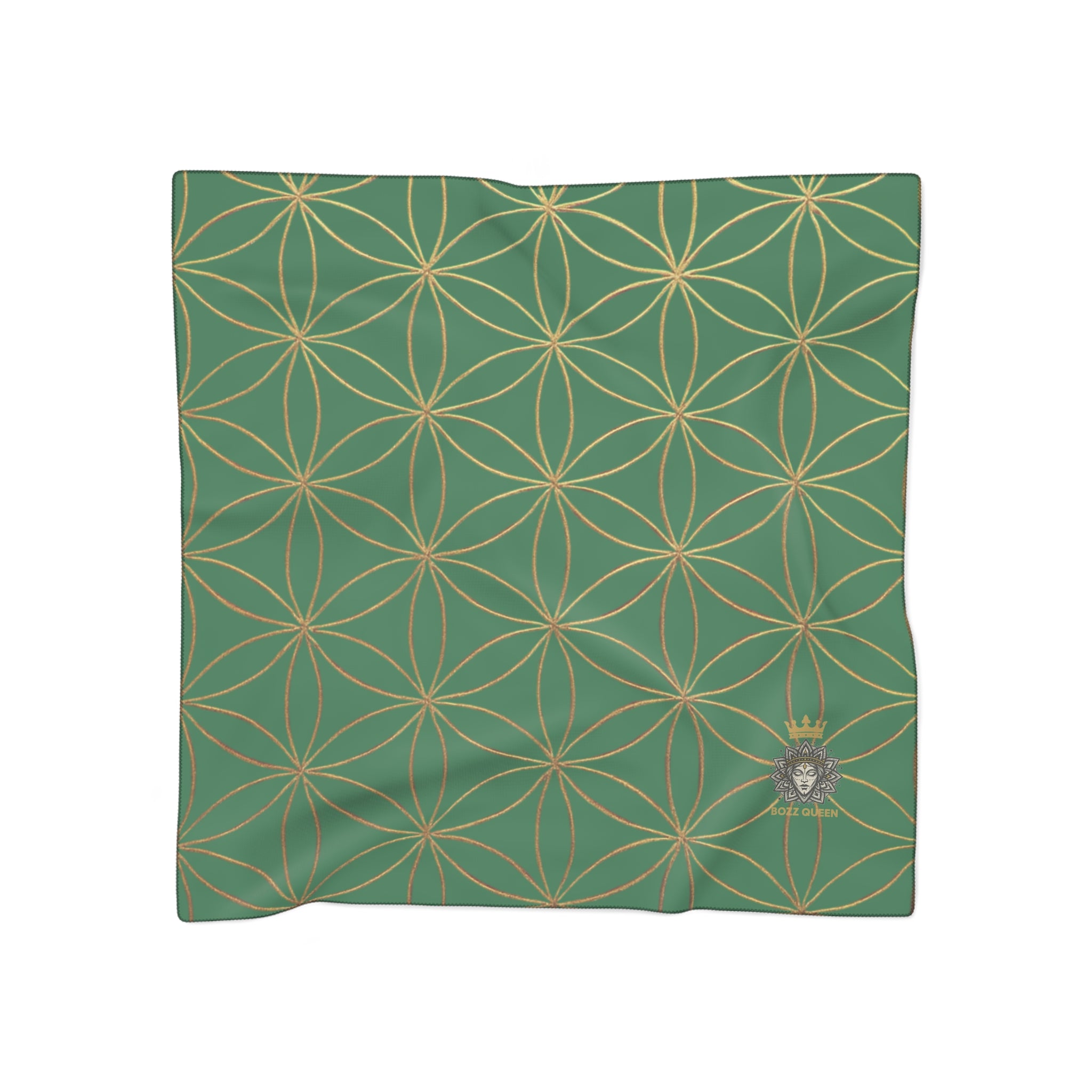 Bozz Queen Flower of Life Scarf - Dark Green & Gold Elegant Lightweight Poly Scarf