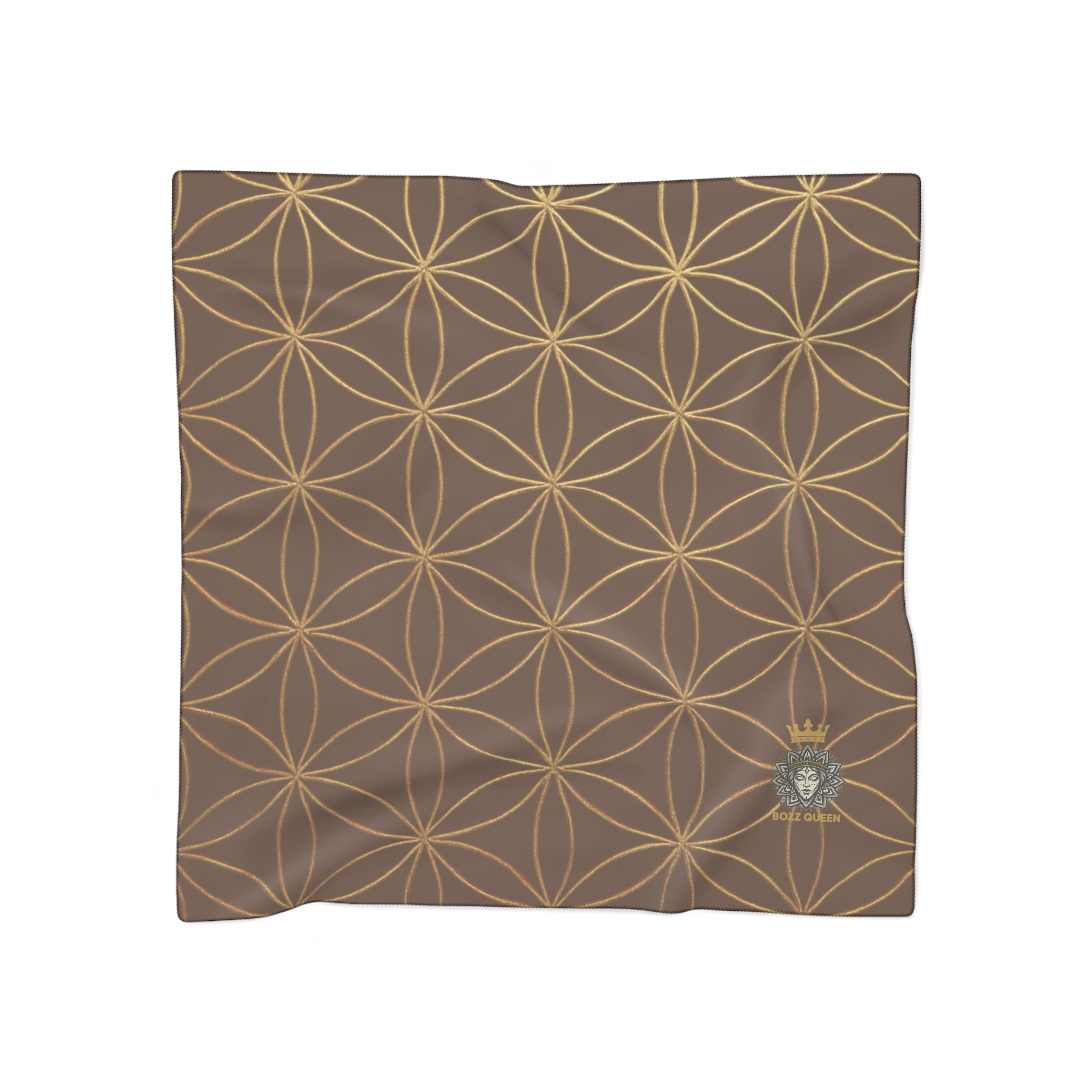 Bozz Queen Flower of Life Scarf - Brown & Gold Elegant Lightweight Poly Scarf