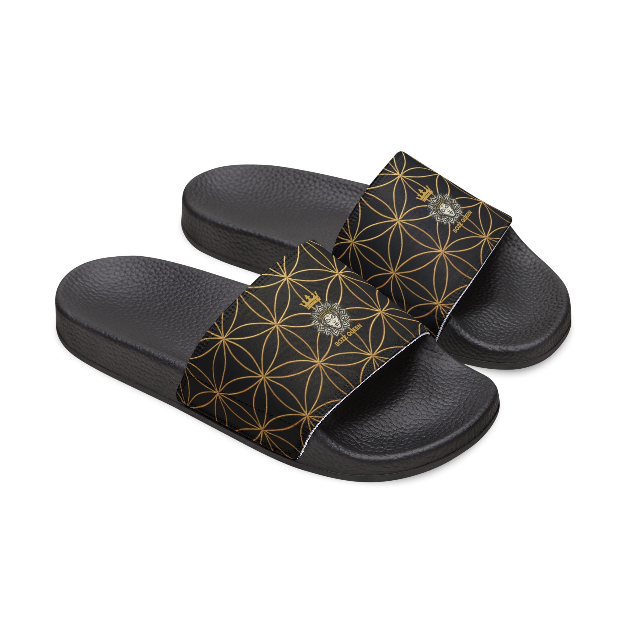 Bozz Queen Black Flower of Life Women's Sandals - Removable Strap Beach Slides