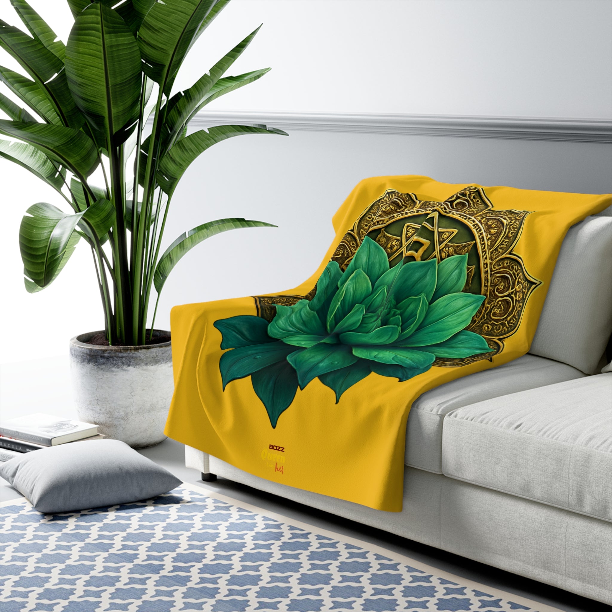 Heart Chakra Green Lotus Sherpa Blanket - Meditation & Yoga Decor