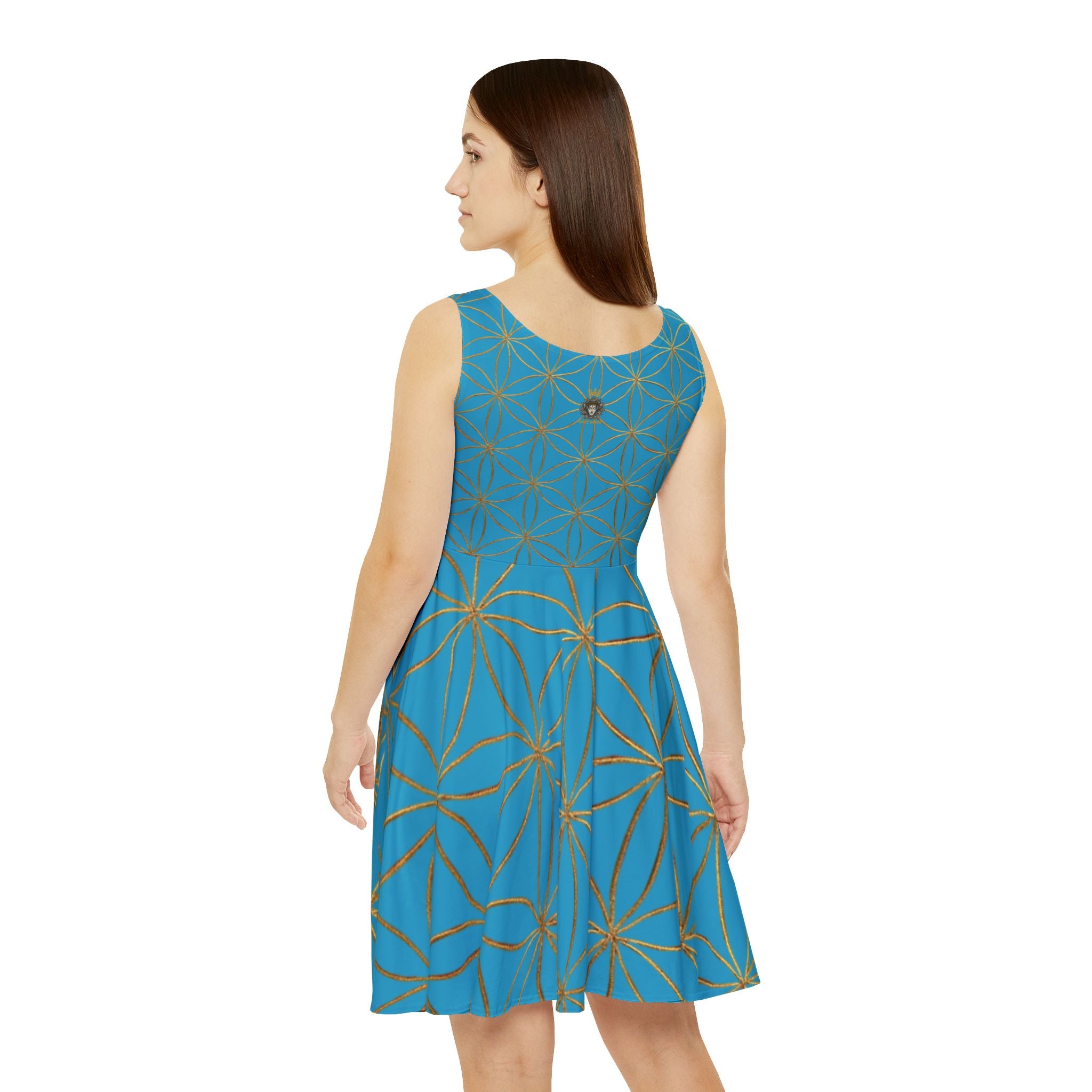 Turquoise Flower of Life Skater Dress - Women's Floral Gold Print Summer Dress