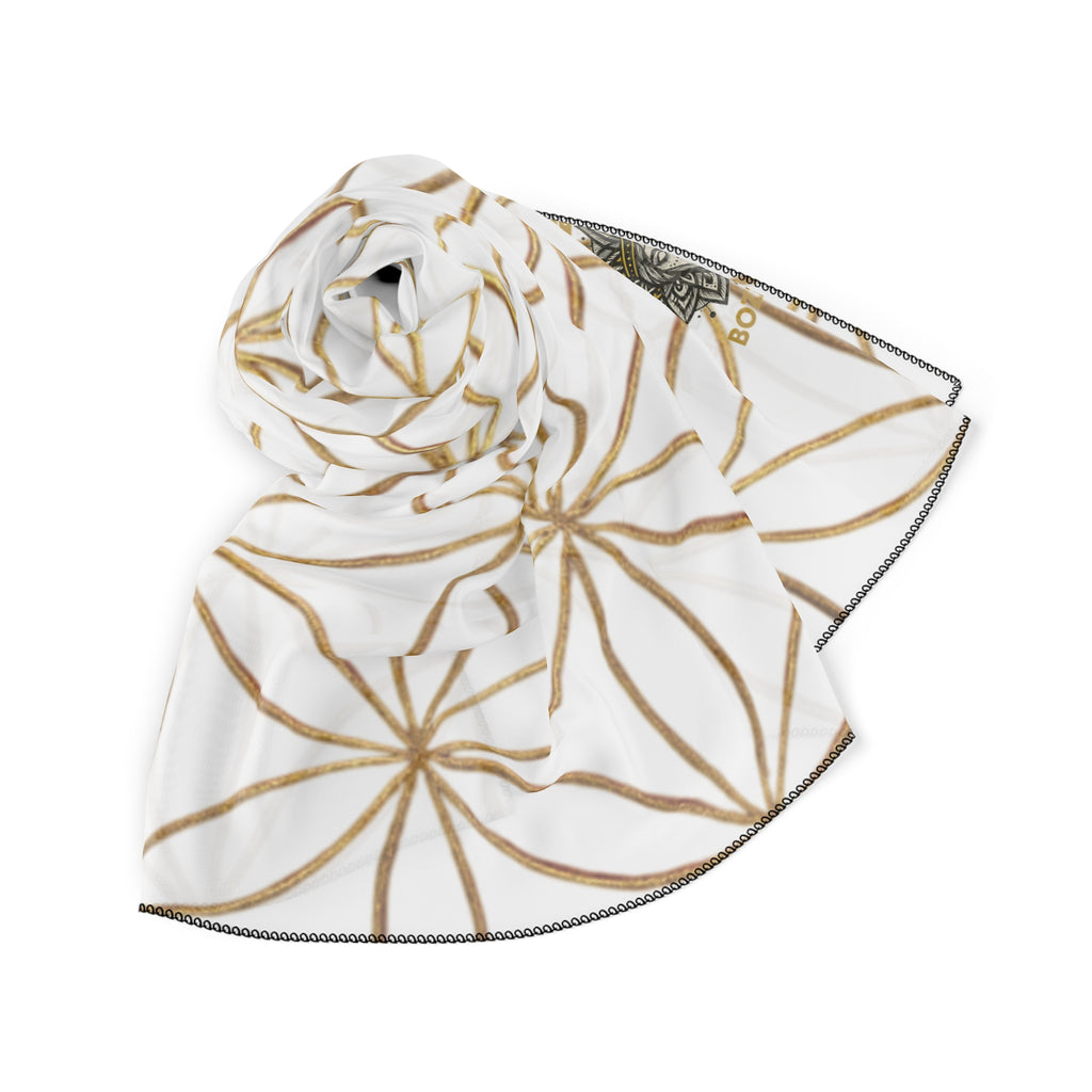 Bozz Queen Flower of Life Scarf - White & Gold Elegant Lightweight Poly Scarf