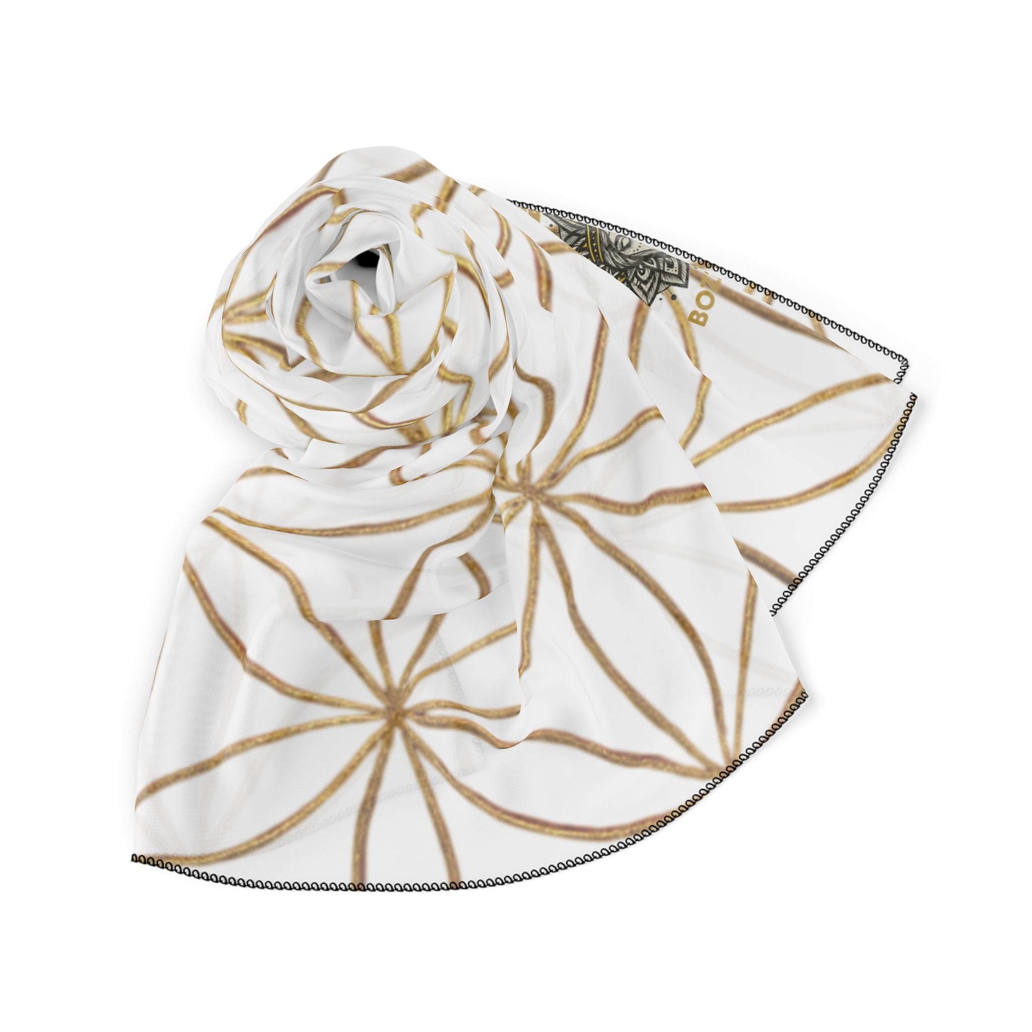 Bozz Queen Flower of Life Scarf - White & Gold Elegant Lightweight Poly Scarf