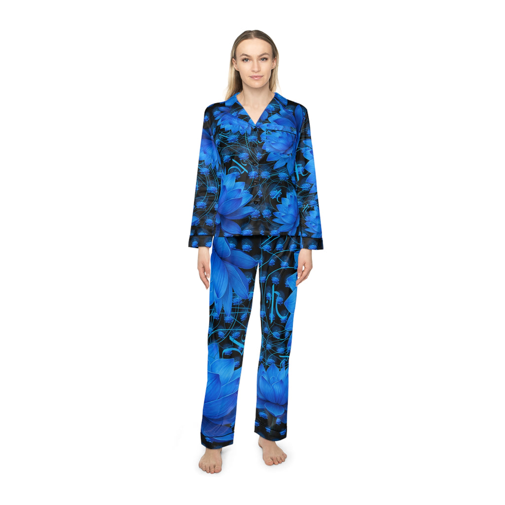 Throat Chakra Blossom Blue Satin Pajamas Set - Luxurious Women's Sleepwear