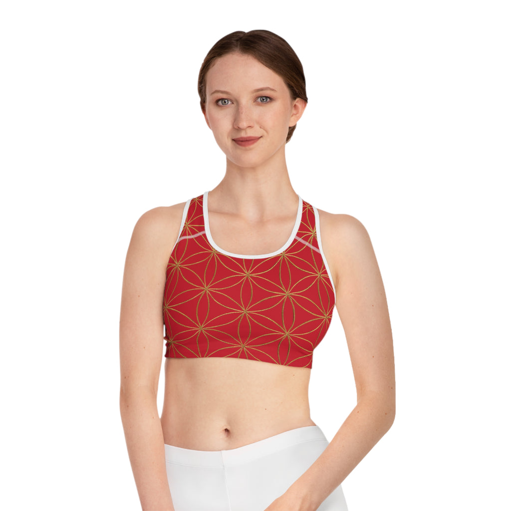 Bozz Queen Dark Red & Gold Flower of Life Sports Bra - Yoga Workout Top