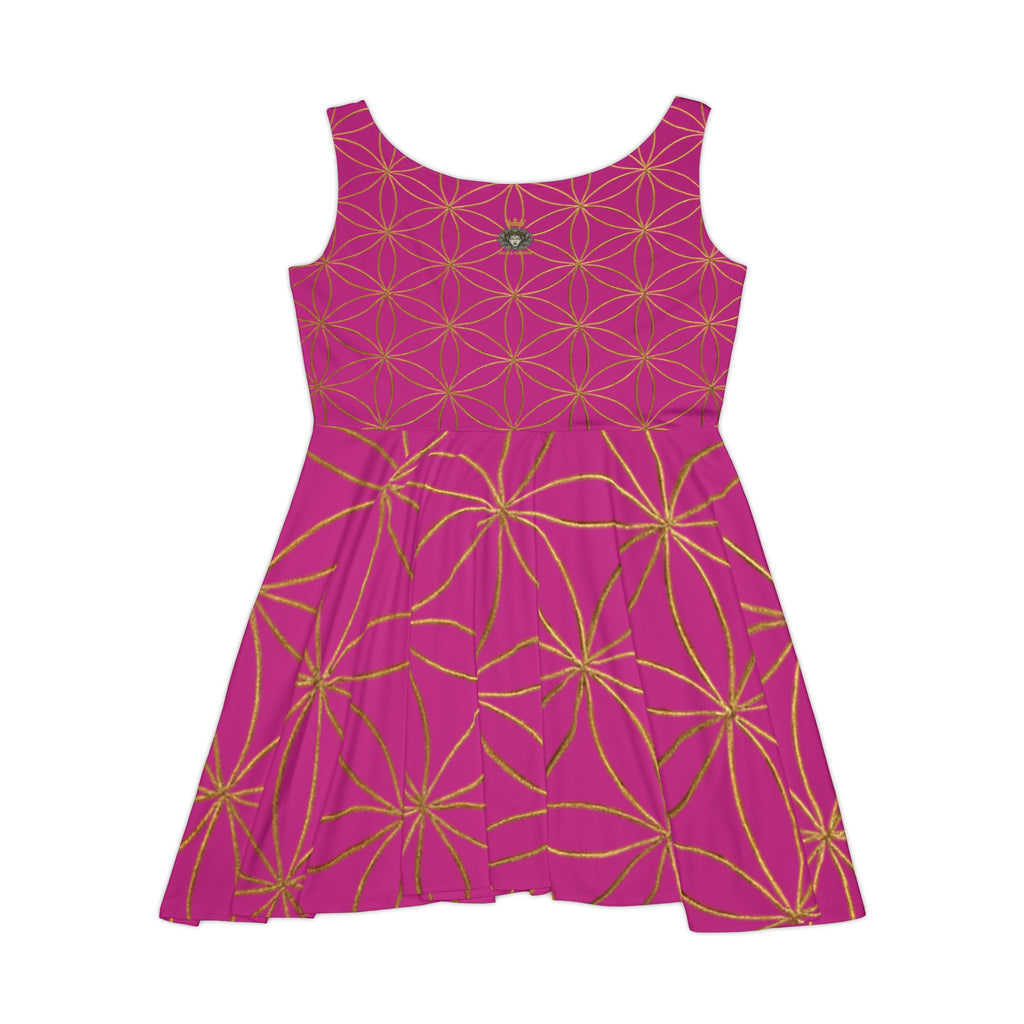 Pink Flower of Life Skater Dress - Women's Floral Gold Print Summer Dress