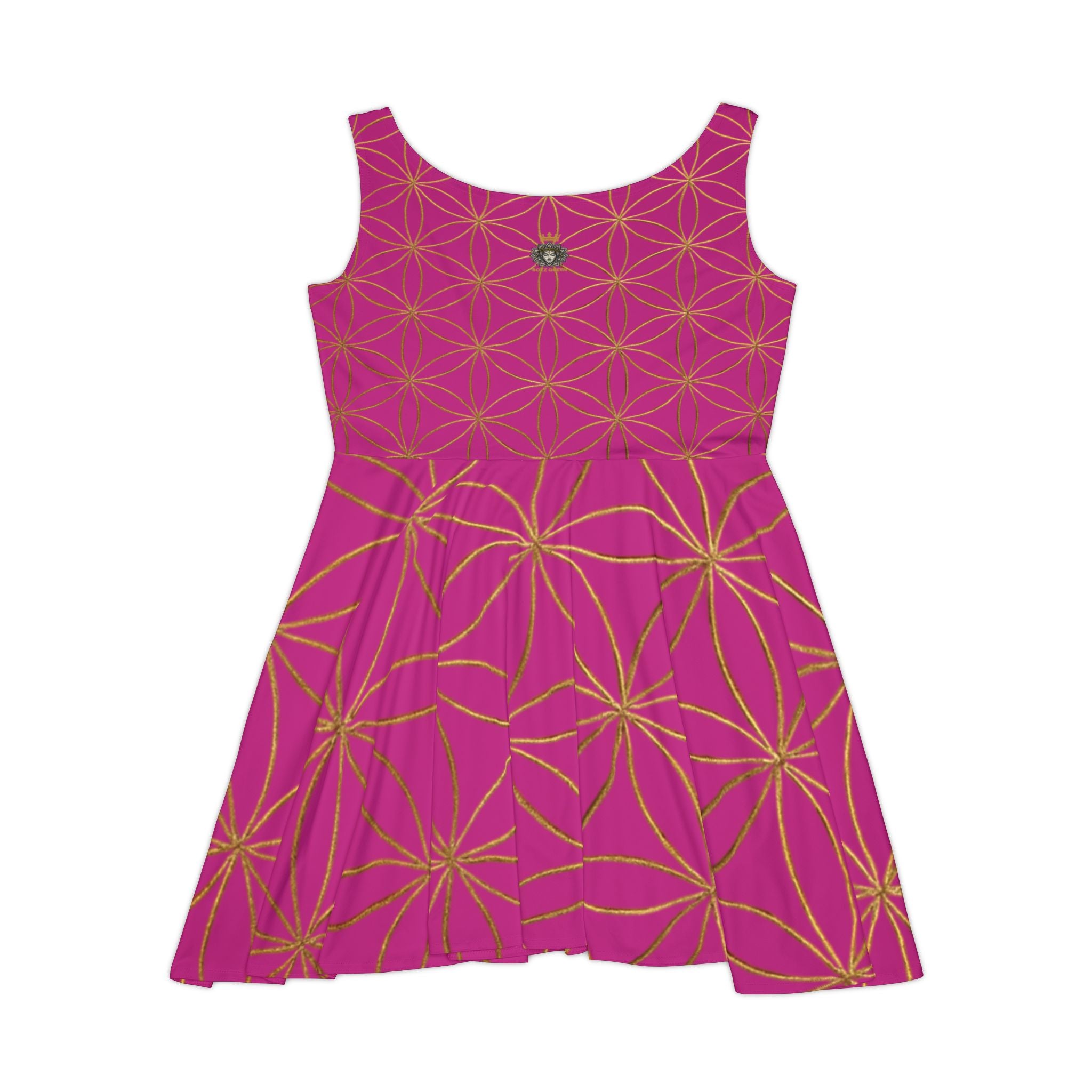 Pink Flower of Life Skater Dress - Women's Floral Gold Print Summer Dress