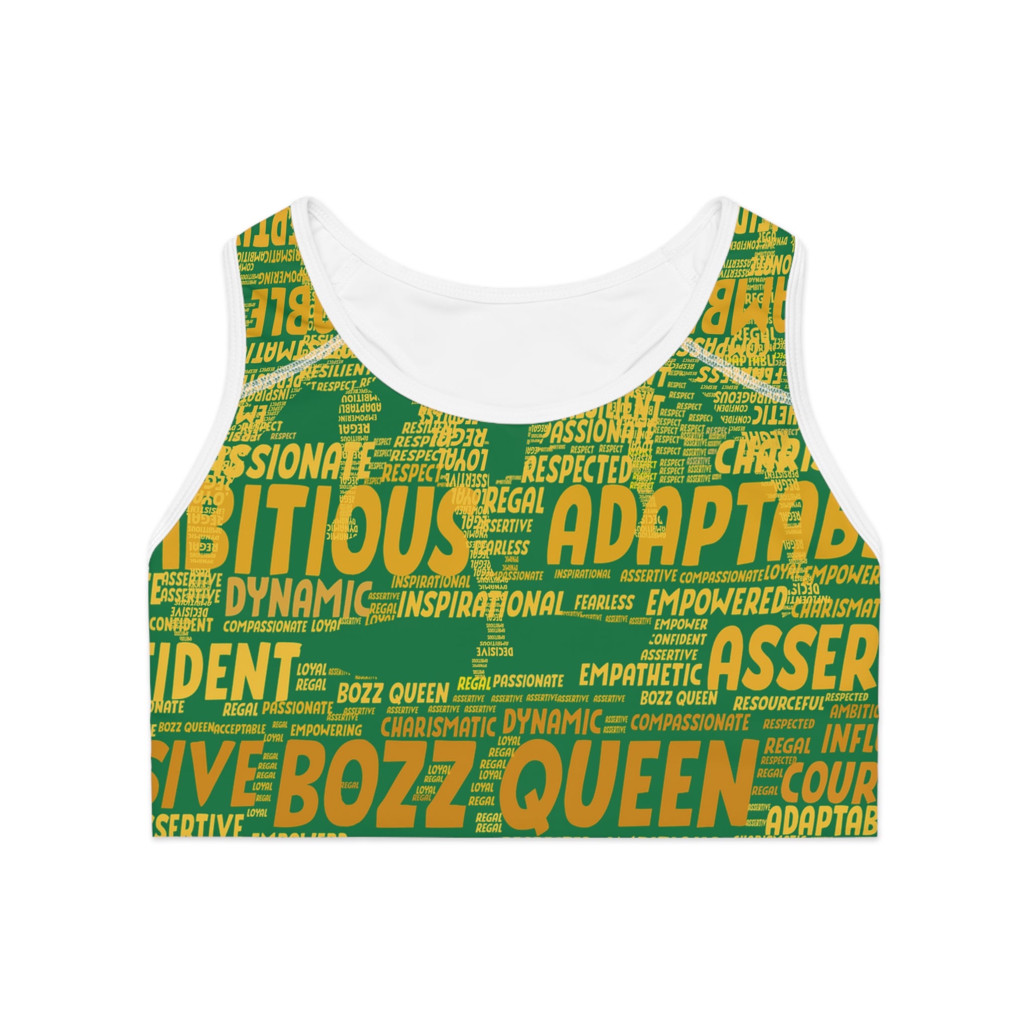 Empowered Words Sports Bra - Bozz Queen Origin Collection | Dark Green & Yellow