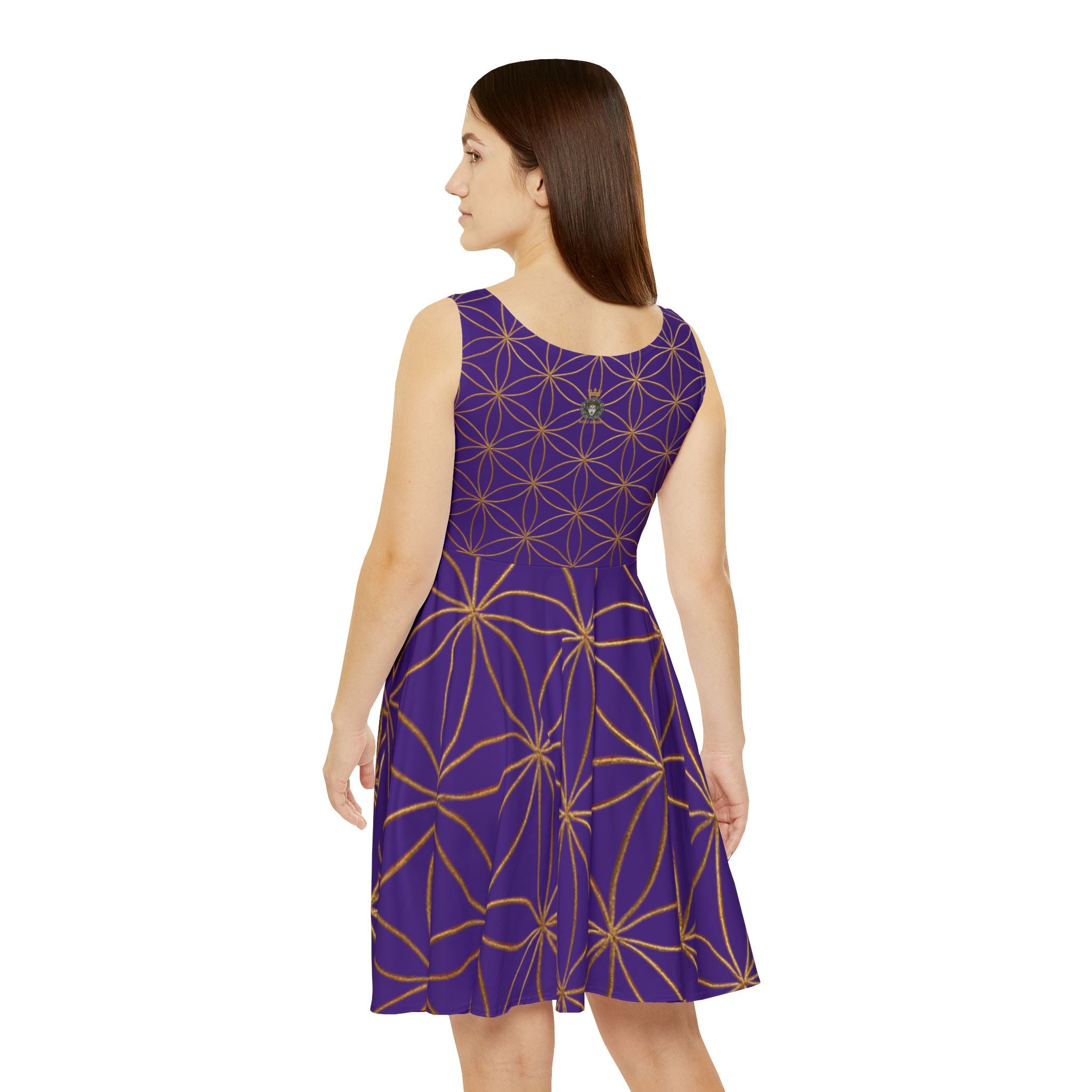 Purple Flower of Life Skater Dress - Women's Floral Gold Print Summer Dress